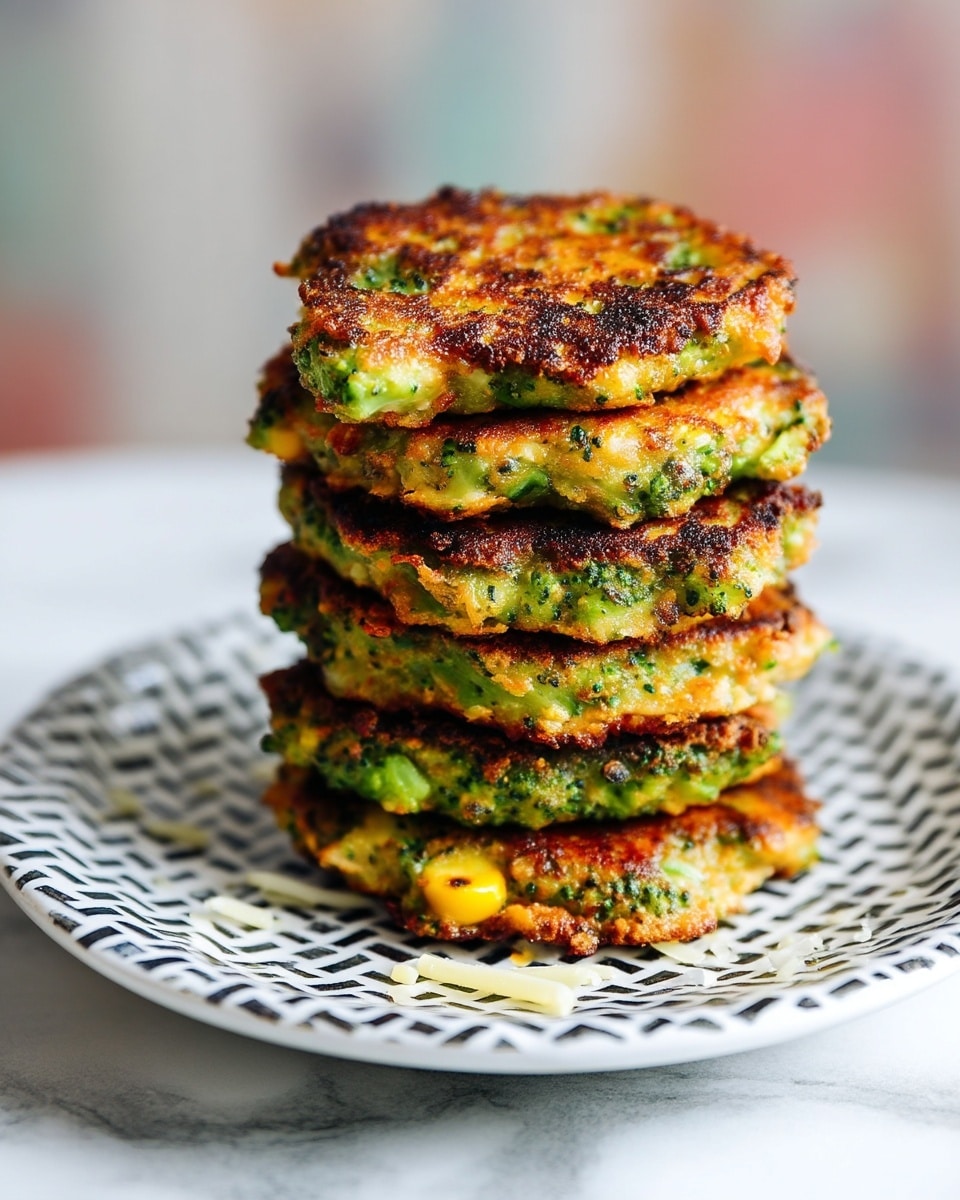 A tall stack of six golden-brown patties with a rough, crispy texture sits on a white plate with a black geometric pattern, on a white marbled surface. Each patty shows a mix of green bits from chopped vegetables like broccoli, along with lighter shades of melted cheese and small pieces of corn. The patties have uneven edges and a slightly crunchy crust, with some cheese shreds scattered on the plate around the base. The background is softly blurred with hints of pastel color. Photo taken with an iphone --ar 4:5 --v 7