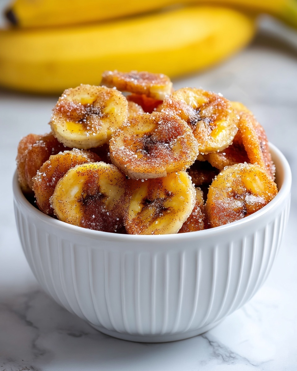 A white bowl with vertical grooves is filled to the top with round, golden brown fried banana slices that are coated with a light dusting of granulated sugar and cinnamon, giving them a slightly sparkly and textured look. Each banana slice is roughly the same size, showing a soft yellow center with darker caramelized edges. The bowl sits on a white marbled surface with a blurred whole banana visible in the background, adding a fresh contrast. photo taken with an iphone --ar 4:5 --v 7