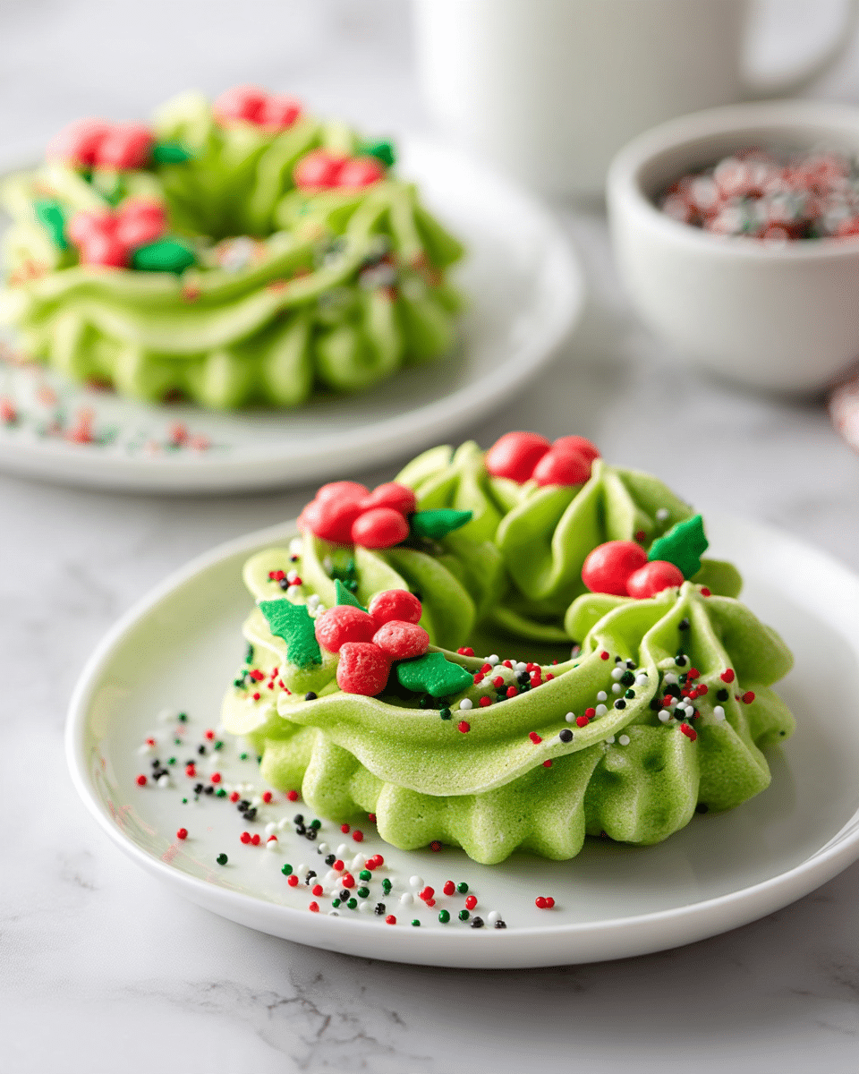 The image shows bright green cookies shaped like wreaths with a soft piped texture, arranged on a white plate. Each wreath cookie has two layers: the base layer is made of soft green dough piped in a circular wreath shape with ridges, while the top is decorated with small red frosting berries and green leaves, resembling holly. The green dough is sprinkled with tiny round red, green, white, and black nonpareil sprinkles scattered evenly across the surface. In the background, another wreath cookie is partly visible on a white plate on a white marbled surface, along with a small white bowl holding more sprinkles. photo taken with an iphone --ar 4:5 --v 7