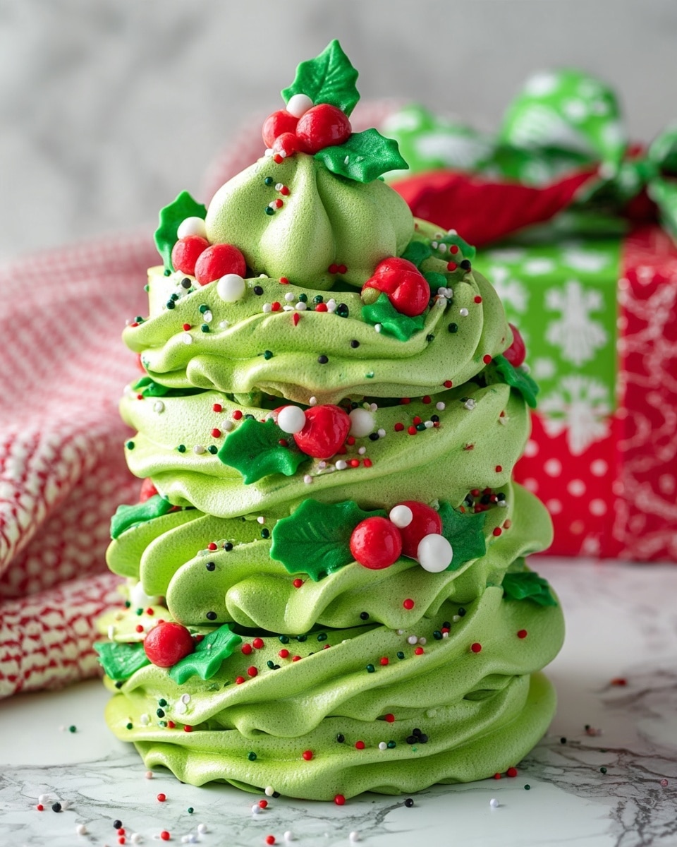 A tall stack of four green meringue wreaths is shown, each layer wavy and textured with ridges and dollops of bright green meringue. Small colorful round sprinkles in red, white, green, and black are scattered across every layer. Some layers have green holly leaves piped on the edges with vibrant red meringue berries placed between the leaves. The background is a white marbled texture with a red and white patterned cloth and a gift box with green and red wrapping partially visible. photo taken with an iphone --ar 4:5 --v 7