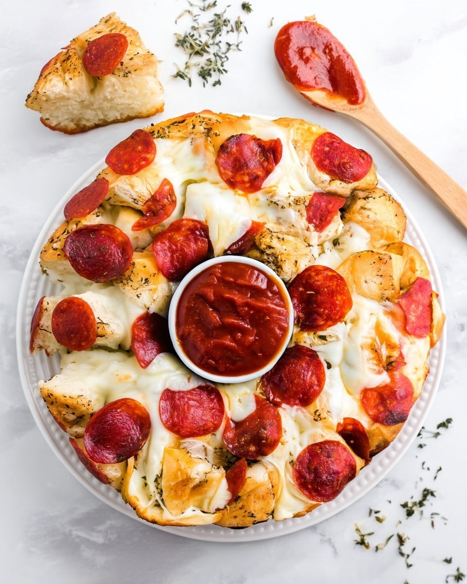 A round pull-apart bread on a white plate with uneven pieces of golden-baked dough forming the base layer, some sprinkled with herbs. Melted white mozzarella cheese covers parts of the dough, forming a gooey middle layer. Bright red pepperoni slices are scattered on top, adding a slightly crispy texture and a deep red color contrast. In the middle of the bread, a small white bowl holds thick, red marinara sauce. Around the plate, more pepperoni slices are placed on the white marbled surface, along with a wooden spoon holding some red sauce. The overall setup is clean and bright with the white marbled background. photo taken with an iphone --ar 4:5 --v 7
