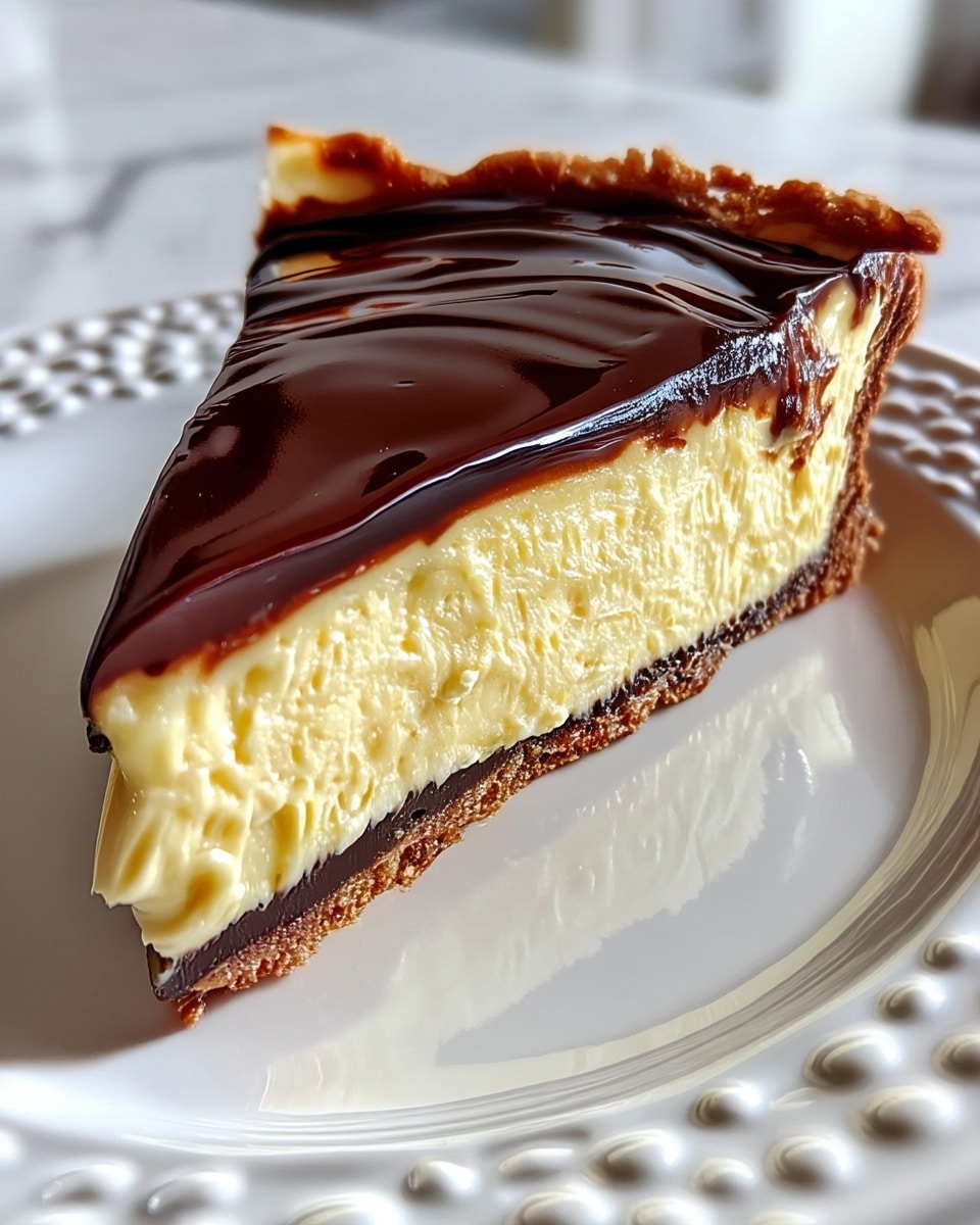 A close-up view of a three-layer slice of dessert on a white plate with a detailed edge. The bottom layer is a thin, crumbly brown crust. Above it is a thick, creamy pale yellow layer with a soft, smooth texture and tiny air holes. The top layer is a glossy, dark chocolate ganache, evenly spread with subtle swirls and a shiny finish that slightly drips down the sides. The background is a white marbled texture with soft lighting highlighting the dessert's smooth surface. Photo taken with an iphone --ar 4:5 --v 7