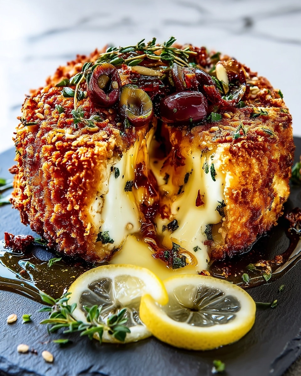 A golden brown fried cheese wheel with a crispy, crunchy outer layer and a creamy, gooey white cheese center that oozes slightly where it has been cut open, is placed on a round wooden board. The top of the cheese is sprinkled with small green herb leaves and pieces of crispy, dark reddish-brown bacon. Honey is being drizzled in a thin stream onto the cheese from a wooden honey dipper above. The background shows blurred rosemary sprigs and light-colored cauliflower on a white marbled surface. Photo taken with an iphone --ar 4:5 --v 7