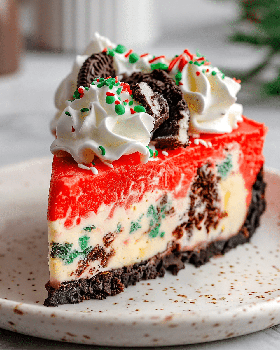 A slice of cheesecake with three layers sits on a white plate with brown speckles over a white marbled surface. The bottom layer is a dark brown cookie crust. The middle layer is a creamy, light beige cheesecake with visible chunks of green and dark brown cookies inside. The top layer is bright red and smooth. On top, there are three swirls of white whipped cream decorated with green and red sprinkles, and two pieces of black and white sandwich cookies placed on the cream. Photo taken with an iphone --ar 4:5 --v 7