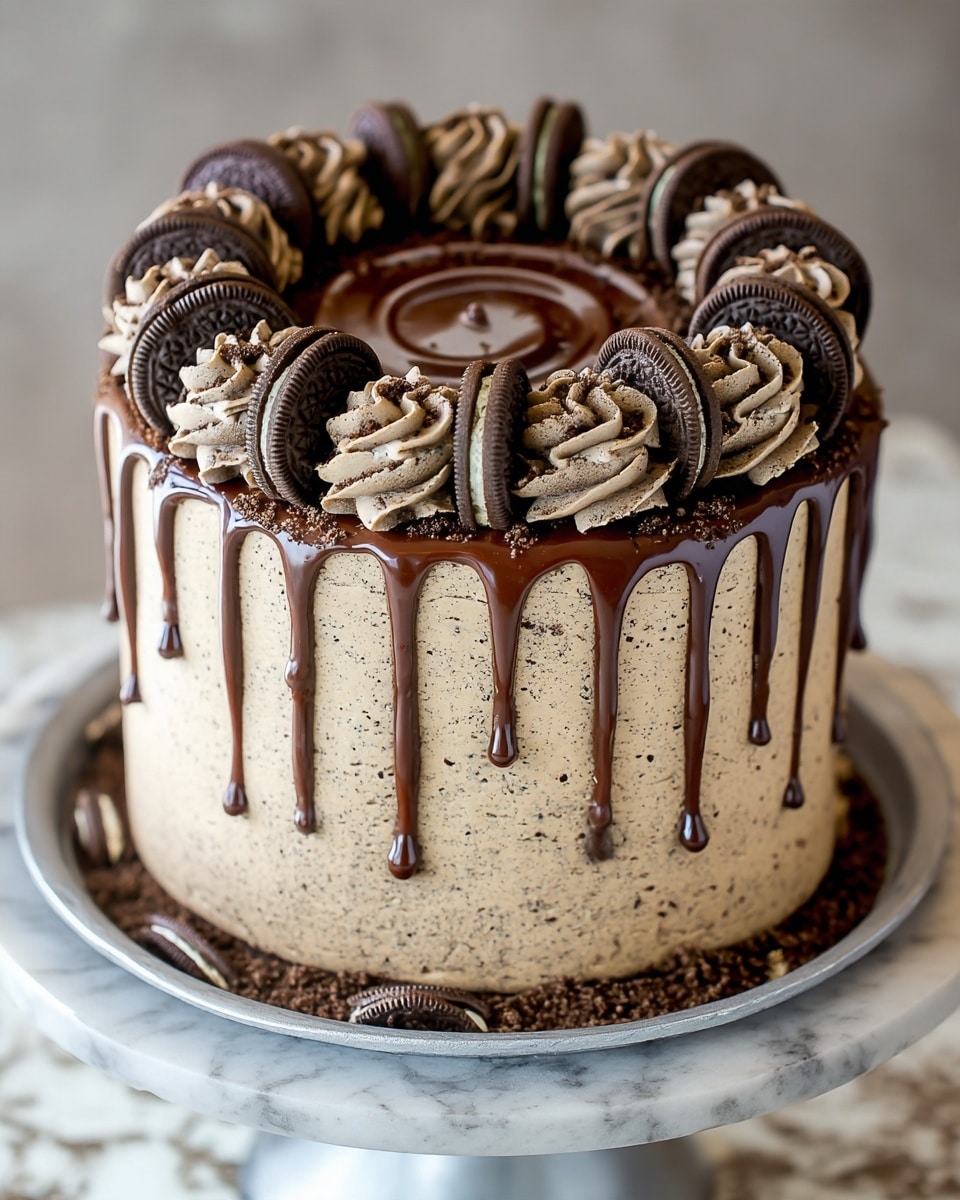 A three-layer round cake covered smoothly in light gray cookies and cream frosting with small dark cookie crumbs mixed in. On top, there is a shiny dark chocolate ganache dripping down the sides in an uneven pattern. Around the cake edge, there are ten swirled frosting dollops in the same gray cookies and cream color, each topped with a whole sandwich cookie standing vertically. The cake sits on a white cake stand with a wide base, placed on a white marbled surface scattered with cookie crumbs and a few whole sandwich cookies. Photo taken with an iphone --ar 4:5 --v 7