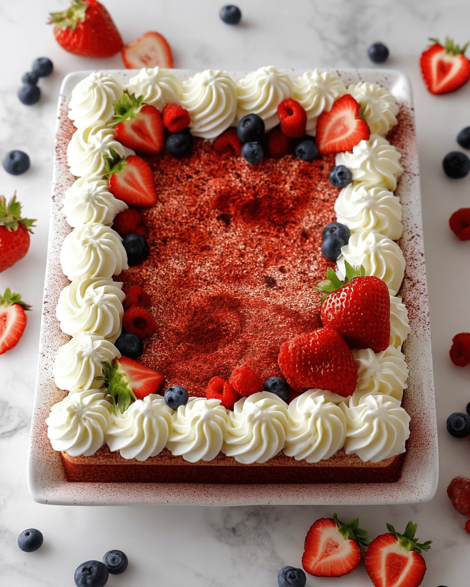 A square piece of layered dessert sits on a white plate, showing four visible layers: the bottom layer is light and fluffy cake soaked with juice, followed by a creamy pale yellow custard with mixed berries inside, then another layer of the same soaked cake with berries, topped by a smooth custard layer sprinkled with dark red powder. On top, there is a swirl of white whipped cream holding half a bright red strawberry with green leaves. The plate rests on a folded blue cloth with a fork placed nearby, all set on a white marbled surface. In the background, a white dish with more of the same dessert topped with whipped cream and strawberries is slightly out of focus. Photo taken with an iphone --ar 4:5 --v 7