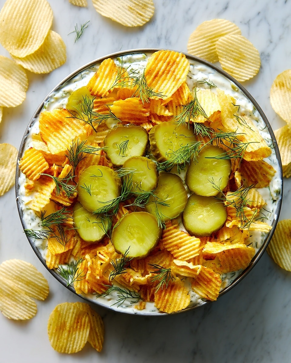 A round pan filled with a creamy white dip base spread evenly as the first layer, speckled with small green herb pieces throughout. On top, bright green pickle slices are arranged in a loose circle near the center. Covering the pickles and dip is a generous layer of golden-yellow ridged potato chips, some whole and some broken, adding a crunchy texture. Small sprigs of fresh dill with thin dark green leaves are scattered on top, providing a fresh touch. Extra potato chips lie beside the pan on a white marbled surface. photo taken with an iphone --ar 4:5 --v 7