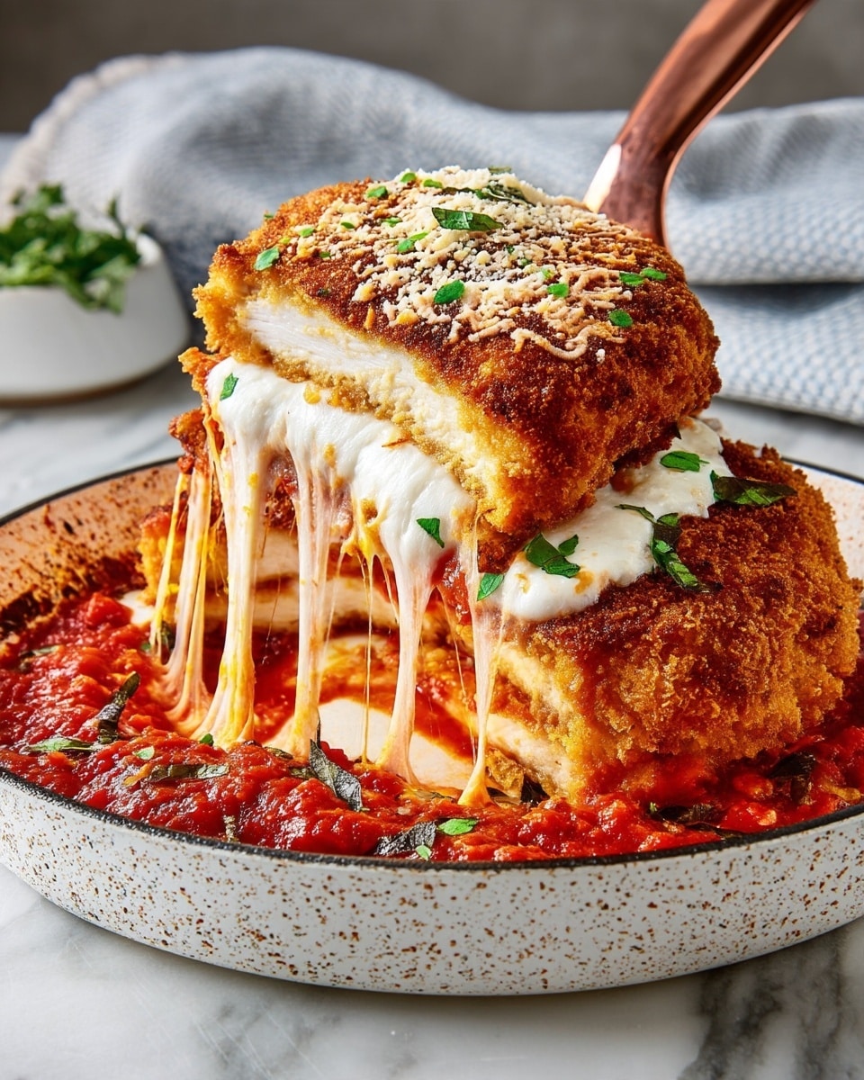 A thick slice of chicken parmesan is being lifted from a white speckled pan with a copper spatula, revealing three visible layers: a golden-brown crispy breaded chicken on top, a middle layer of melted white mozzarella cheese stretching in long strings, and a bottom layer of rich red tomato sauce with chunks of tomato and small green basil leaves. The top of the chicken is sprinkled with grated Parmesan cheese and fresh chopped green herbs. The pan sits on a white marbled surface with a grey and white cloth in the background. Photo taken with an iphone --ar 4:5 --v 7