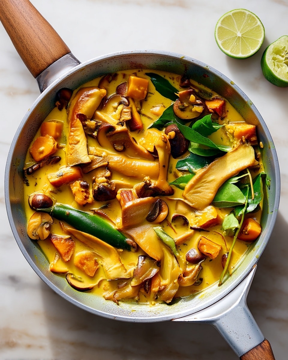 A gray pan with a wooden handle holds a yellow curry stew that looks creamy and rich. Inside the curry, there are large soft beige mushroom slices, small orange cubes of cooked squash, and many brown, thin sliced mushrooms. Bright green leaves and a whole green chili pepper sit on top, adding contrast. The pan is placed on a white marbled surface, with two halves of a squeezed lime nearby. Photo taken with an iphone --ar 4:5 --v 7