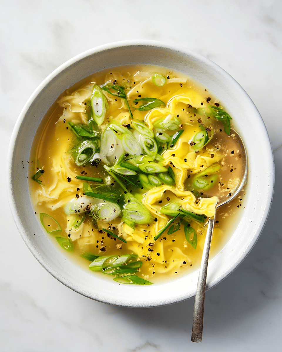 A white bowl filled with a clear broth soup with soft yellow egg ribbons floating on top. Bright green sliced scallions and leafy herbs are scattered across the surface, adding color contrast. Small black pepper flakes are sprinkled over the soup, giving it a speckled texture. A silver spoon is partially submerged on the right side of the bowl, resting against the side. The bowl sits on a white marbled surface, giving the scene a clean and fresh look. photo taken with an iphone --ar 4:5 --v 7