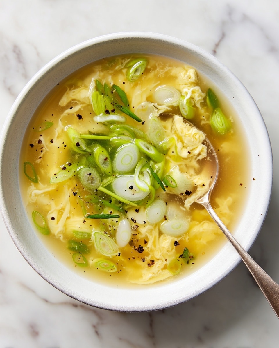 A close-up view of a bowl of egg drop soup, showing a light clear yellow broth with delicate white egg ribbons floating throughout. Sliced light green spring onions are scattered on the top, along with small dark specks of black pepper. There is a silver spoon partially submerged inside the soup on the right side of the white bowl. The bowl is placed on a white marbled surface. photo taken with an iphone --ar 4:5 --v 7