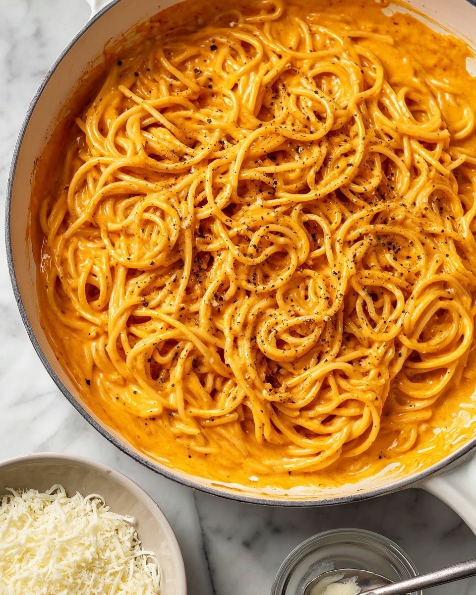 A close-up view of a white pan filled with spaghetti coated in a thick, creamy orange sauce that covers all the noodles evenly, with some visible black pepper flakes sprinkled on top. The spaghetti strands swirl and overlap inside the pan, partially submerged in the smooth and rich sauce that has a slightly glossy texture. To the bottom right, there is a bowl of grated white cheese with a spoon resting inside. The whole scene is set on a white marbled surface. photo taken with an iphone --ar 4:5 --v 7
