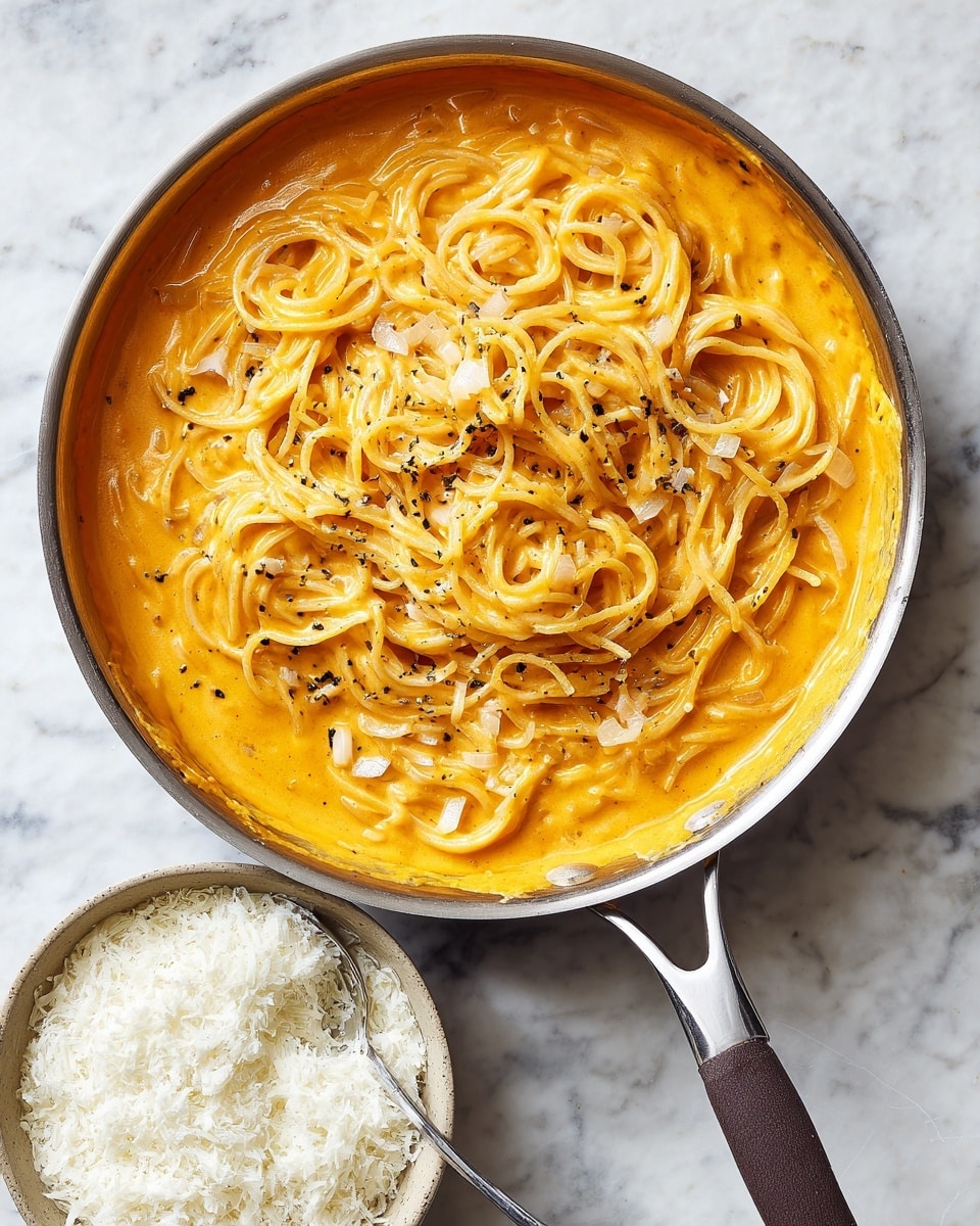 A large pan holds a creamy, thick sauce of bright orange color with smooth texture, coating long, thin spaghetti noodles that are swirled in the center and spread evenly around the pan; small pieces of onions and specks of black pepper are visible throughout the sauce. The pan is placed on a white marbled surface, and next to it is a bowl filled with finely grated white cheese with a spoon inside. photo taken with an iphone --ar 4:5 --v 7
