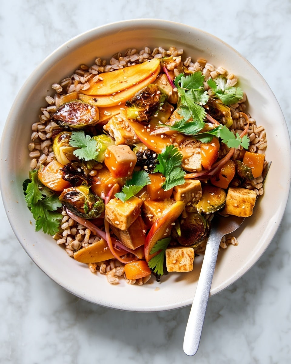 The dish is served in a white bowl resting on a white marbled surface. The base layer is light brown cooked grains spread evenly, topped with a mix of golden brown roasted Brussels sprouts, orange cubes of roasted squash, and light golden tofu pieces coated in a glossy sauce. There are thin slices of light orange apple placed on top, sprinkled with small white sesame seeds. Fresh green cilantro leaves are scattered over the top, adding a pop of color. A silver spoon rests inside the bowl on the right side. Photo taken with an iphone --ar 4:5 --v 7