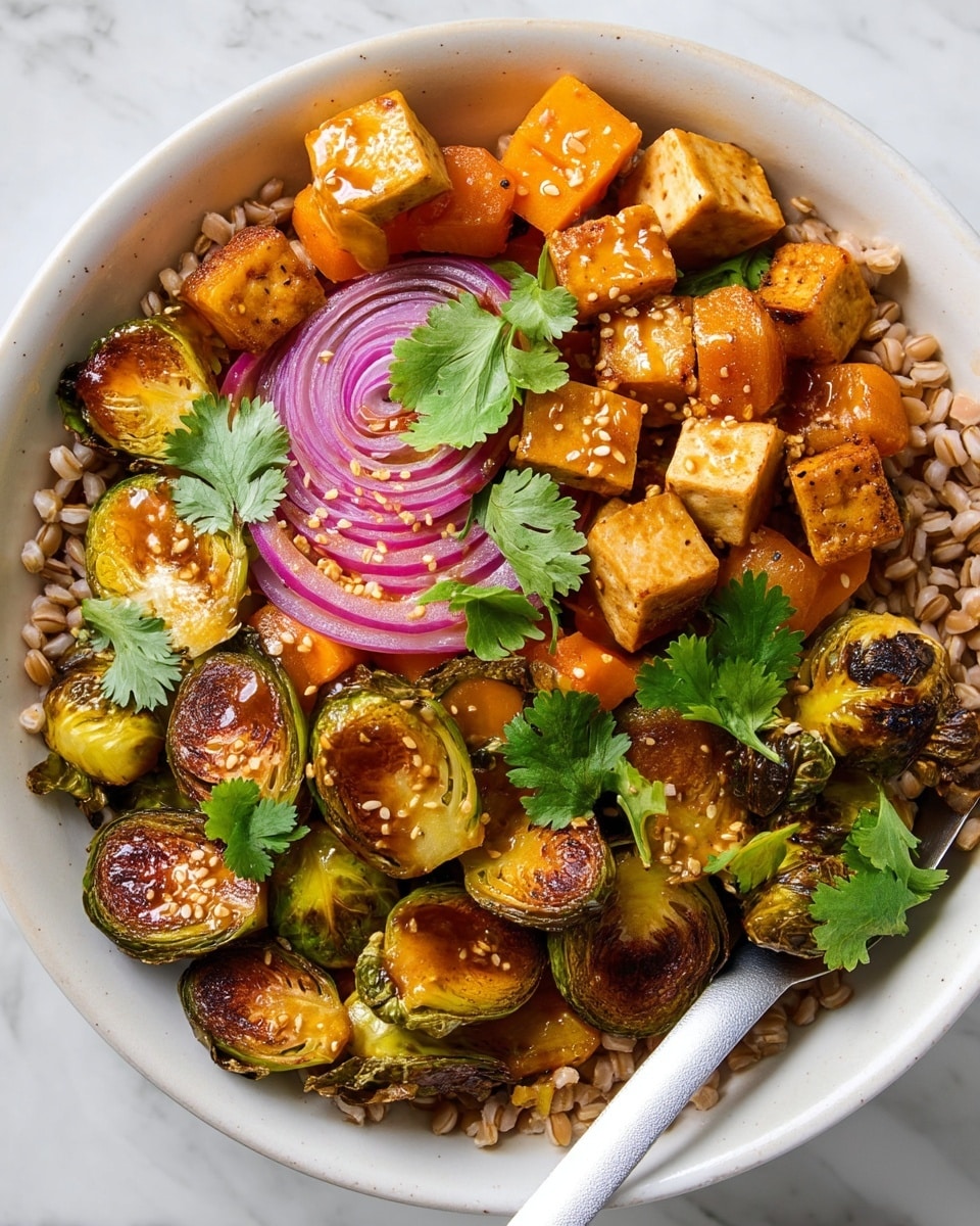 A close-up of a white bowl filled with three layers: the bottom layer is light brown cooked grains with a chewy texture, the middle layer has roasted Brussels sprouts with char marks and caramelized golden-brown edges, and slices of orange roasted squash, the top layer consists of cubed tofu coated with a shiny sauce, thin slices of raw red onion, sprinkled sesame seeds, and fresh green cilantro leaves scattered on top for garnish, a metal spoon rests inside the bowl on the right side. The bowl sits on a white marbled texture surface. photo taken with an iphone --ar 4:5 --v 7