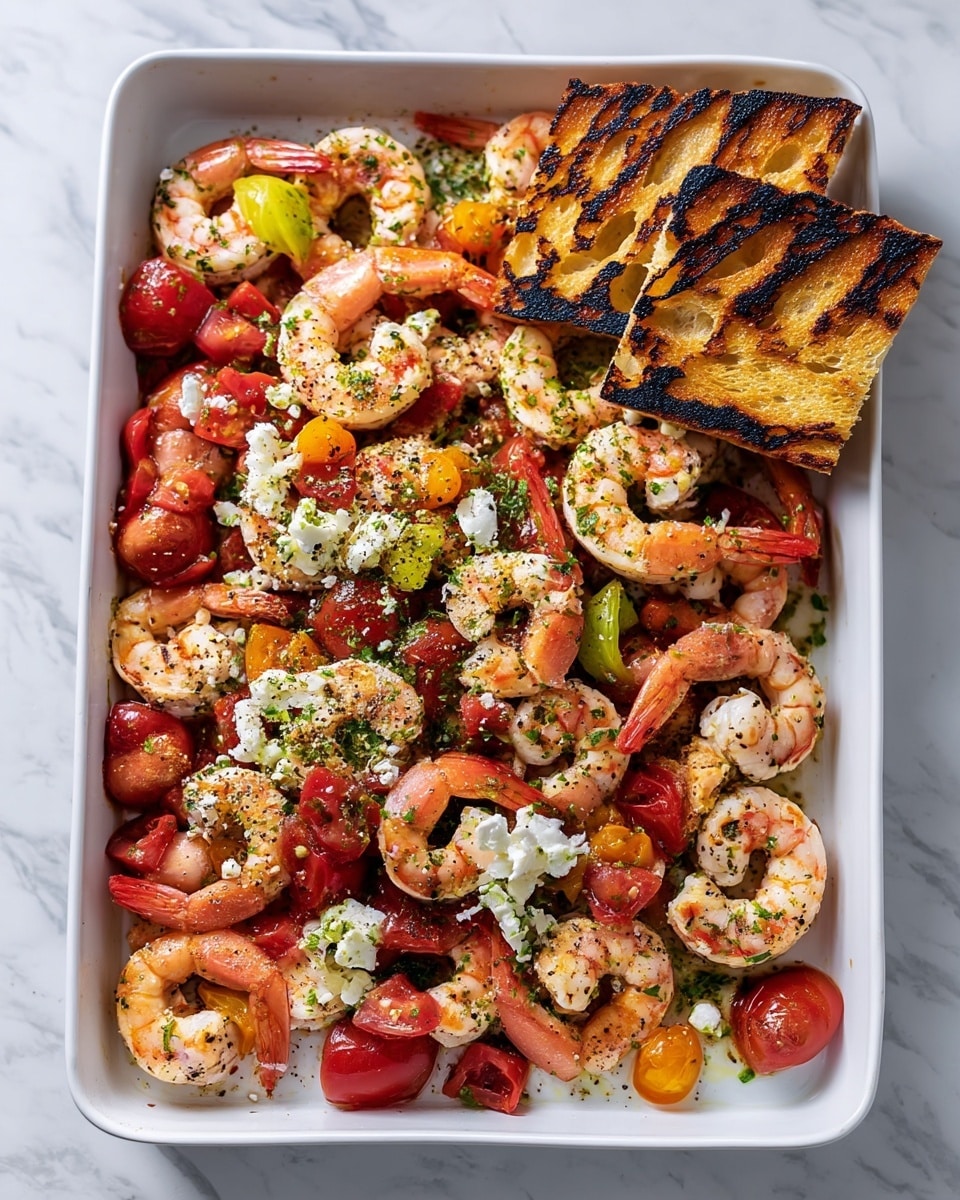 The image shows a white rectangular baking tray filled with cooked shrimp that are pink with some grilled marks, scattered with chunks of red and yellow tomatoes, and small bits of white cheese sprinkled on top. The shrimp and vegetables are mixed with light green herbs and some black pepper seasoning. On the right side of the tray, there are three pieces of toasted bread with dark grill marks and a golden-brown crispy texture. The whole tray sits on a white marbled surface. photo taken with an iphone --ar 4:5 --v 7