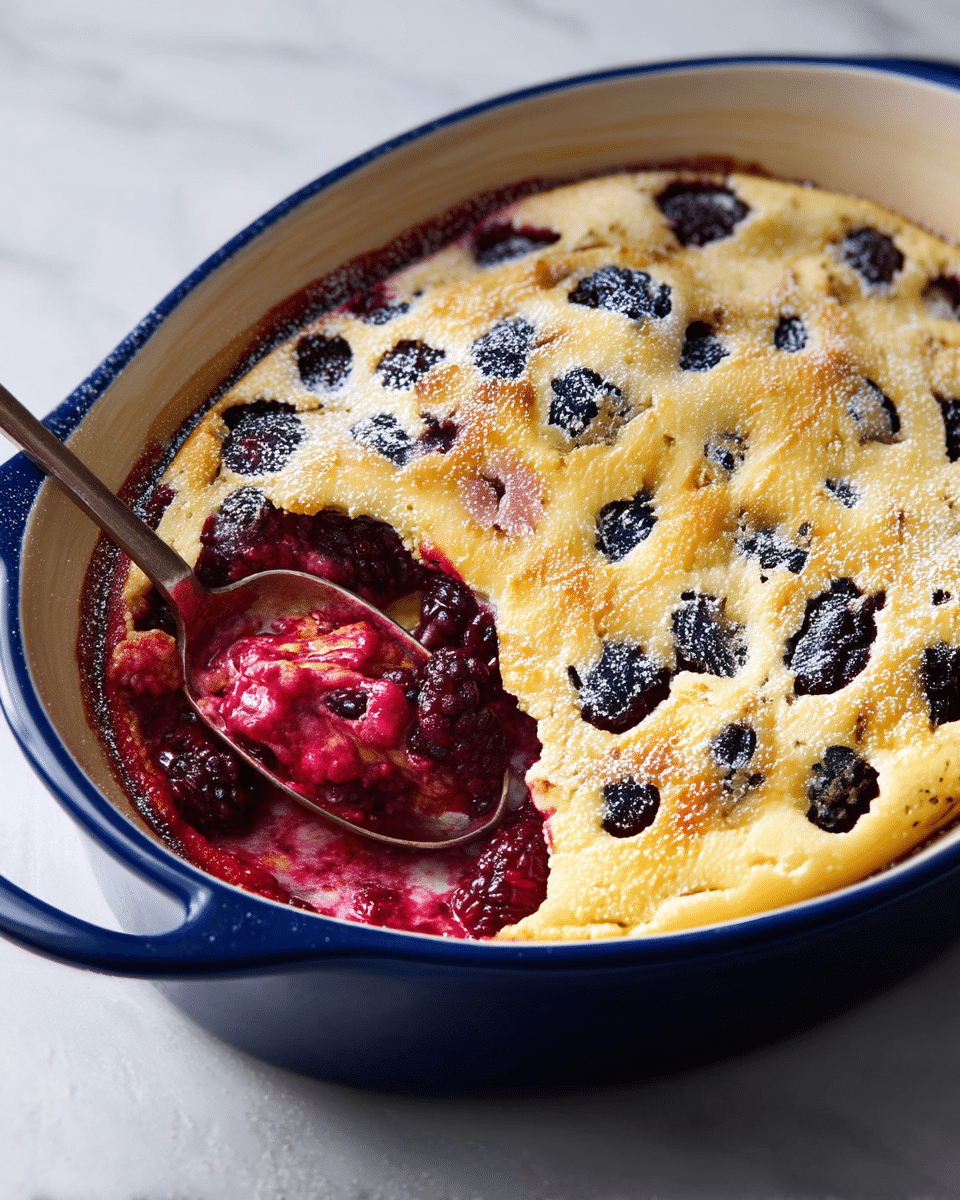 A single-layer blackberry cobbler with a golden brown crust, dotted with whole, dark purple blackberries baked into the surface, sprinkled lightly with powdered sugar. One corner reveals the juicy red-purple blackberry filling beneath, showing a soft, bubbling texture. The cobbler is served in a white oval ceramic baking dish with deep blue edges, resting on a white marbled surface. A silver spoon scoops into the exposed filling area, reflecting light on its smooth handle. photo taken with an iphone --ar 4:5 --v 7