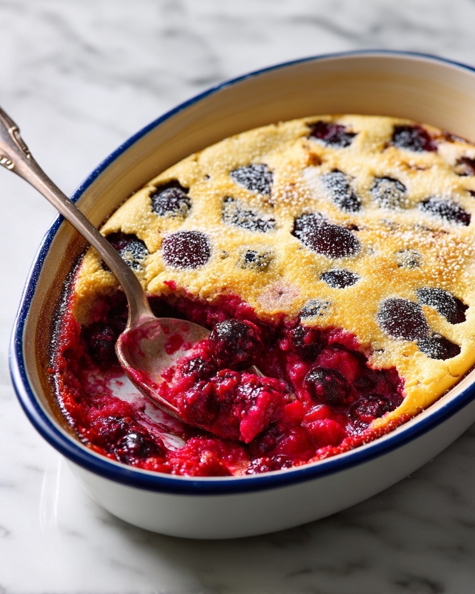 A baked dessert in a white oval baking dish with a thin blue rim, featuring a golden top layer dotted with embedded dark blackberries, dusted lightly with powdered sugar. Underneath the top layer, a thick, bright red berry filling with whole, juicy blackberries is visible where a portion has been scooped out with a spoon resting on the dish. The background is a white marbled surface. photo taken with an iphone --ar 4:5 --v 7