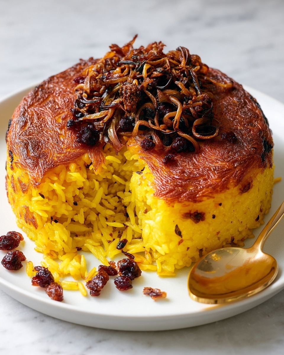 A crispy golden-brown rice cake sits on a white plate with a slightly burnt surface texture. The top layer has a crispy, dark golden crust with some blackened spots, and a pile of caramelized onions and small dark dried berries is placed in the center. The inside layer reveals fluffy yellow saffron rice visible through a cut section, contrasting with the crunchy outer layer. A large golden spoon rests next to the rice cake on the white marbled surface. photo taken with an iphone --ar 4:5 --v 7