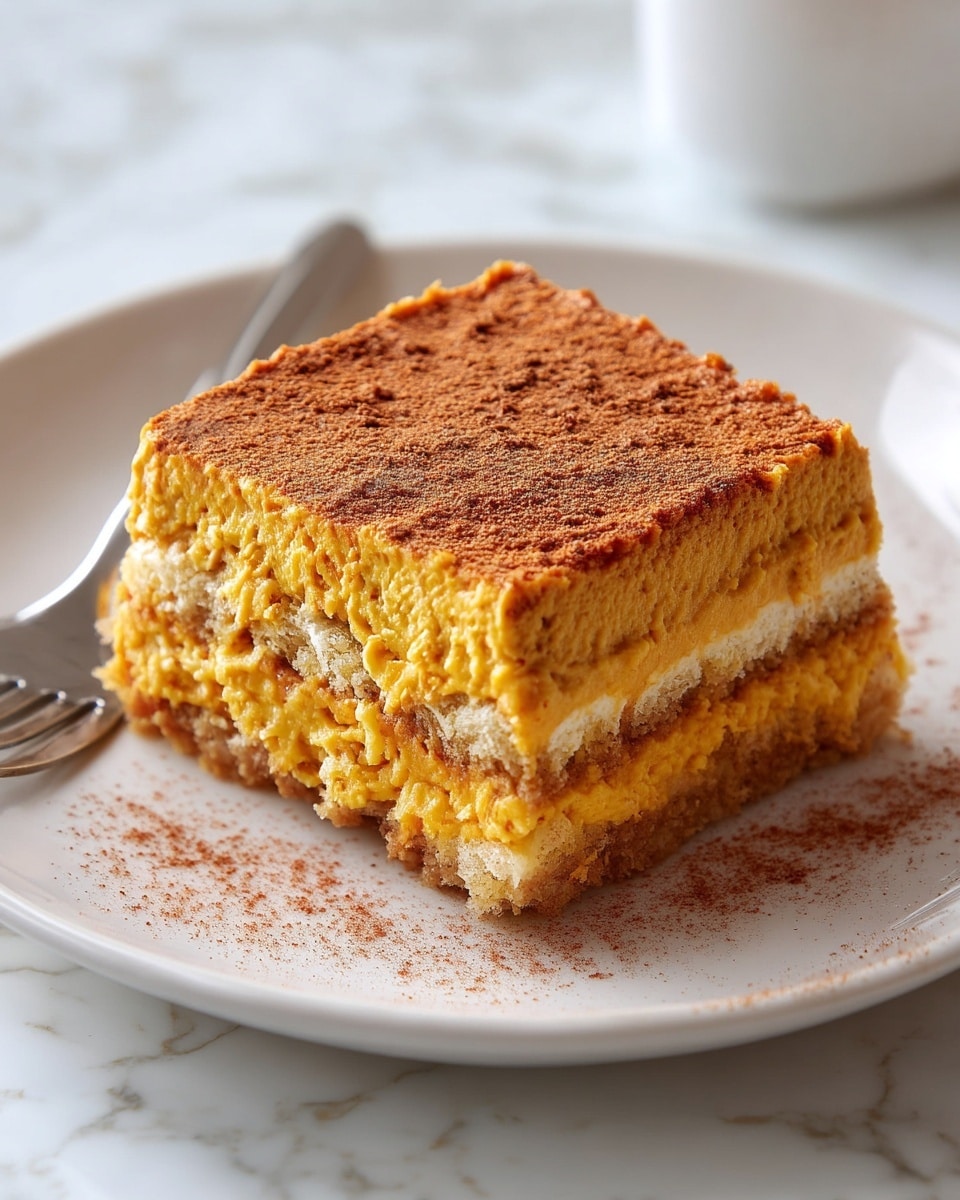A square piece of layered pumpkin dessert sits on a white plate with a soft, crumbly texture visible in the two bottom and middle layers, both light brown and sponge-like; between and above these is a thick, smooth layer of rich orange pumpkin cream with a slightly grainy texture, topped with a dusting of fine cinnamon powder giving a warm brown color to the surface, all placed on a white marbled surface with a silver fork resting nearby. photo taken with an iphone --ar 4:5 --v 7
