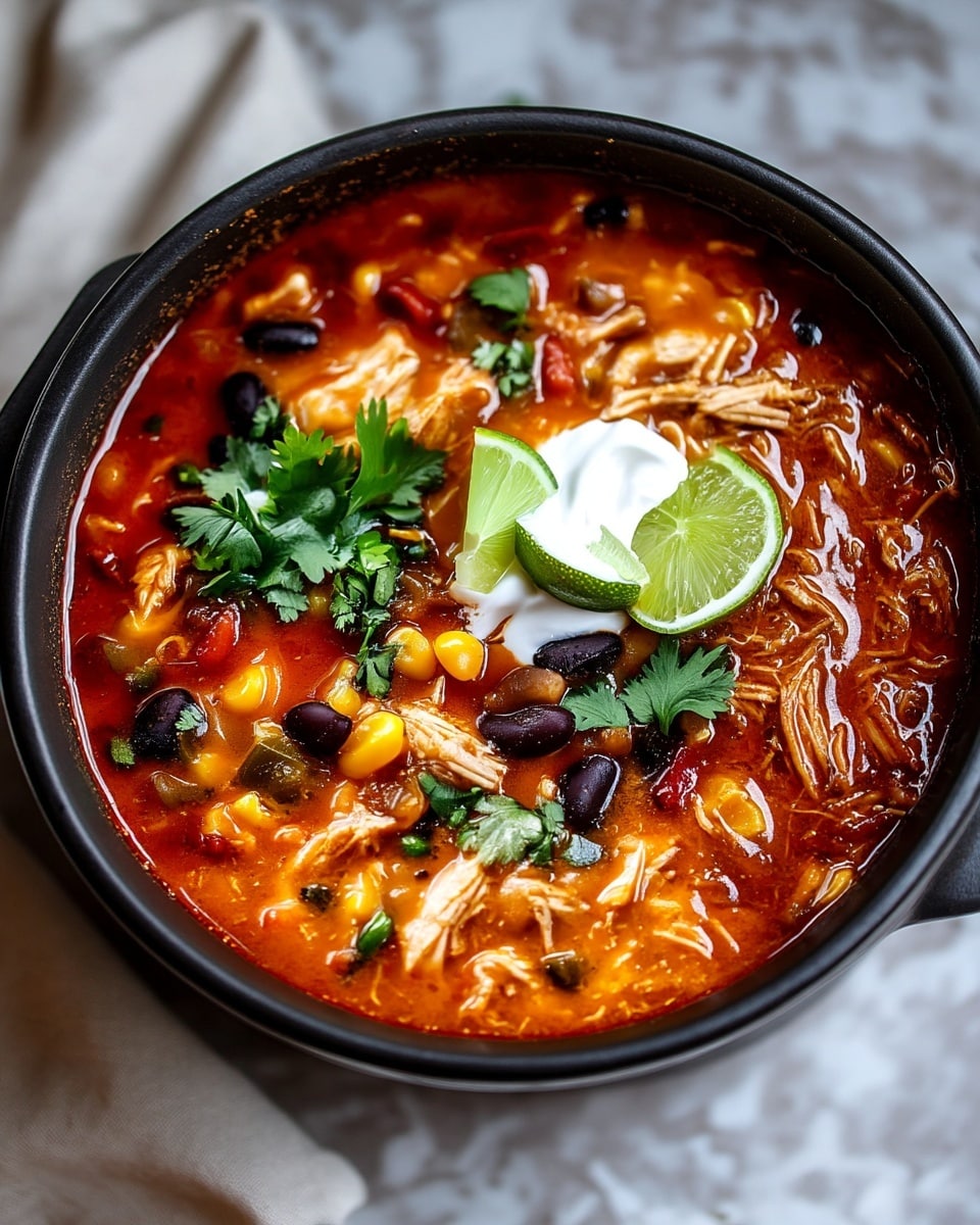 A close-up image of a black pot filled with a thick soup made of shredded chicken, black beans, yellow corn, and small green pieces, all mixed in a reddish-brown broth. On top of the soup, there are some fresh green cilantro leaves, two lime wedges, and a dollop of white sour cream resting near the lime. The pot sits on a surface with a white marbled texture and a light-colored cloth is partially visible at the lower left corner. photo taken with an iphone --ar 4:5 --v 7