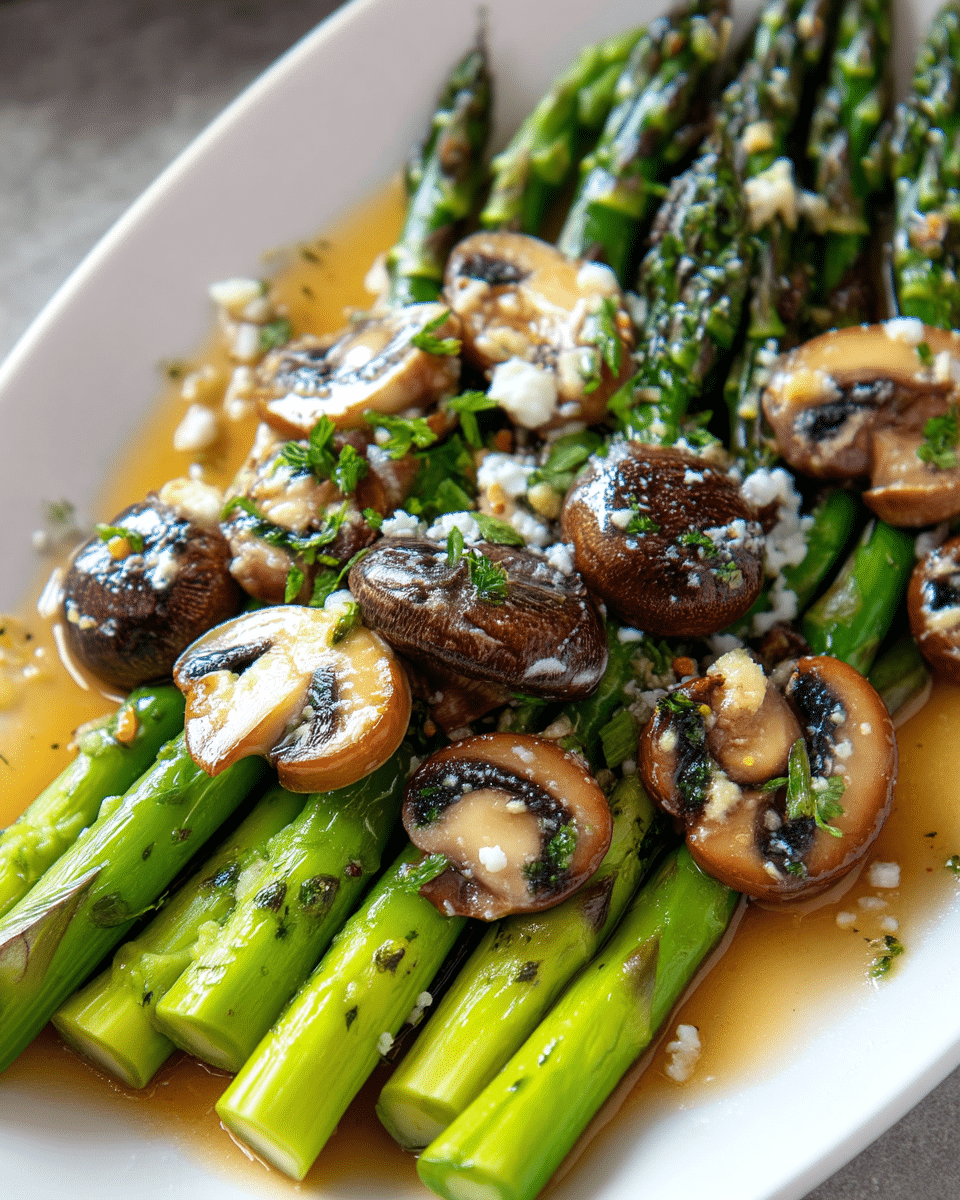A white plate filled with bright green asparagus stalks stacked side by side as the bottom layer, topped with a generous layer of cooked brown mushrooms, some whole and some sliced, showing a soft texture with touches of light seasoning. The dish is garnished with small bits of chopped green herbs and sprinkled with crumbled white cheese, all glistening with a light brown sauce that coats the vegetables, making them look juicy and flavorful. photo taken with an iphone --ar 4:5 --v 7