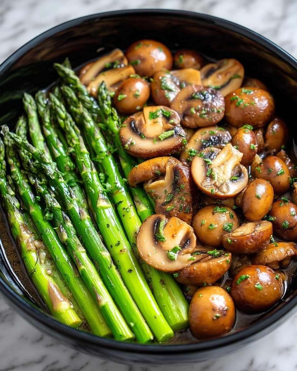 A close-up view of a dish inside a black bowl, filled with bright green asparagus spears laid side by side as the bottom layer. On top, there are many sliced and whole light brown mushrooms with a glossy, cooked texture, sprinkled evenly with small pieces of green herbs. The vegetables look moist with a light sauce coating them. The background shows a white marbled texture surface. photo taken with an iphone --ar 4:5 --v 7