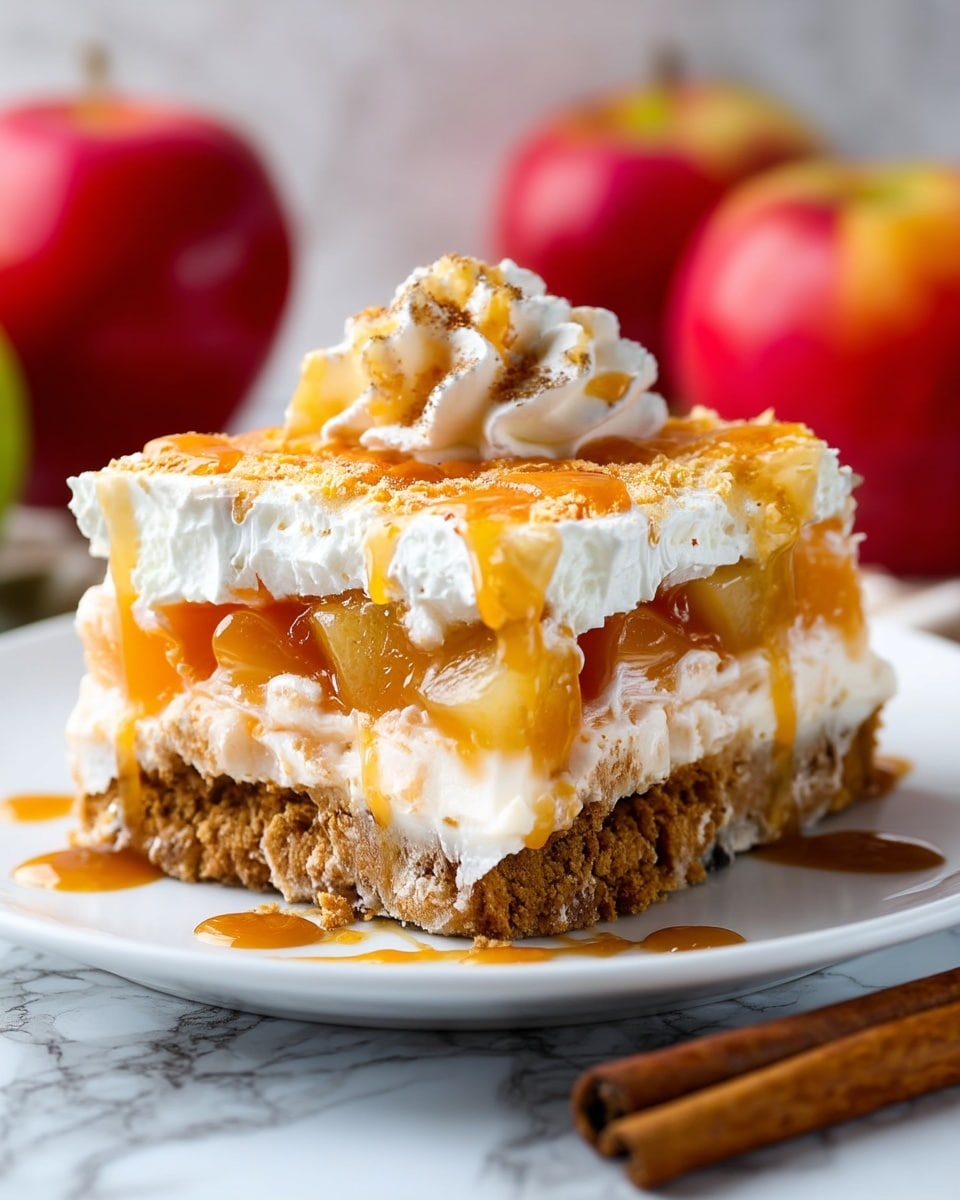 A close-up of a square dessert bar on a white plate, showing four clear layers: a bottom layer of crumbly brown crust, a thick white creamy layer above it, a middle layer of golden-orange fruit filling that looks juicy and glossy with pieces of fruit visible, and a top layer of fluffy white whipped cream covered with a shiny drizzle of caramel sauce. The dessert is set on a white marbled surface with two cinnamon sticks next to the plate and blurred red and green apples in the background. Photo taken with an iphone --ar 4:5 --v 7