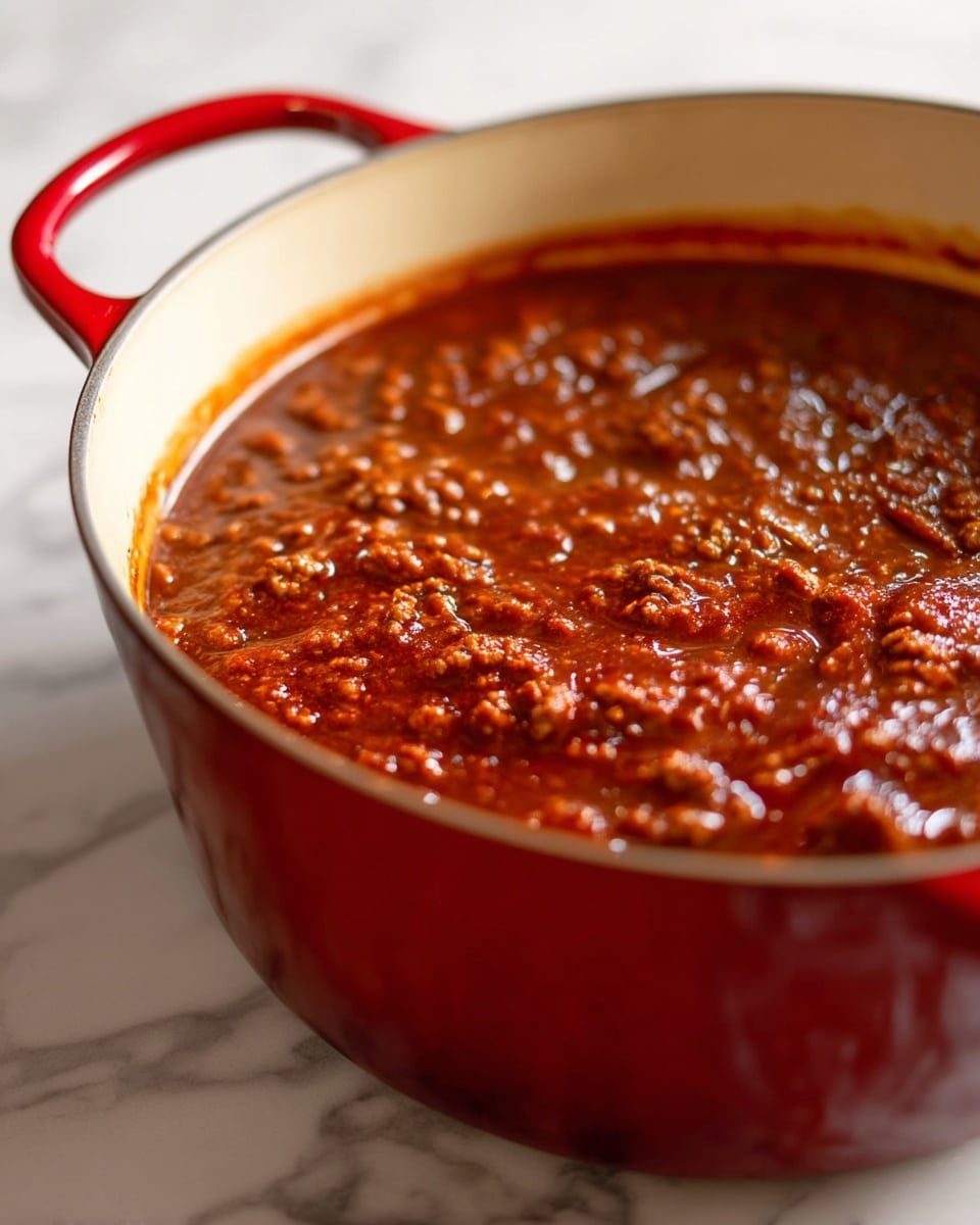 A close-up view of a red enamel pot filled with thick, textured meat sauce. The sauce is deep reddish-brown with visible small chunks of ground meat, creating a rough surface. The pot has a cream-colored inside and a shiny red handle on the side, sitting on a white marbled surface. The photo captures the rich, hearty sauce with slight reflections on top, showing its moist and chunky texture. photo taken with an iphone --ar 4:5 --v 7