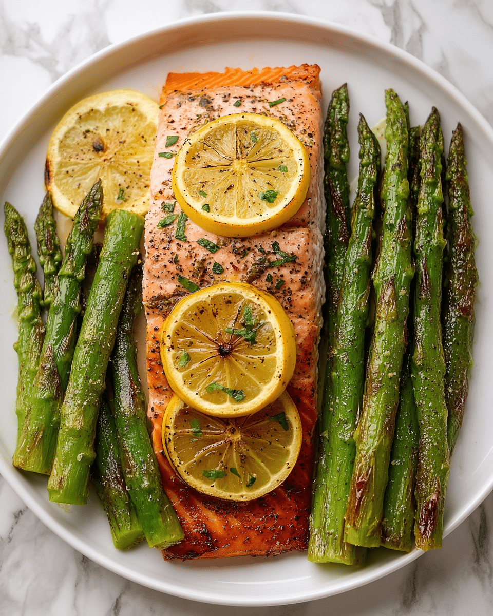 A white plate with a cooked salmon fillet in the center, topped with two grilled lemon slices that show charred marks, and sprinkled with small green herb pieces and black pepper. Underneath and to the side of the salmon, several grilled green asparagus stalks with visible grill marks and a slightly shiny surface from oil are arranged neatly. The plate sits on a white marbled surface. Photo taken with an iphone --ar 4:5 --v 7