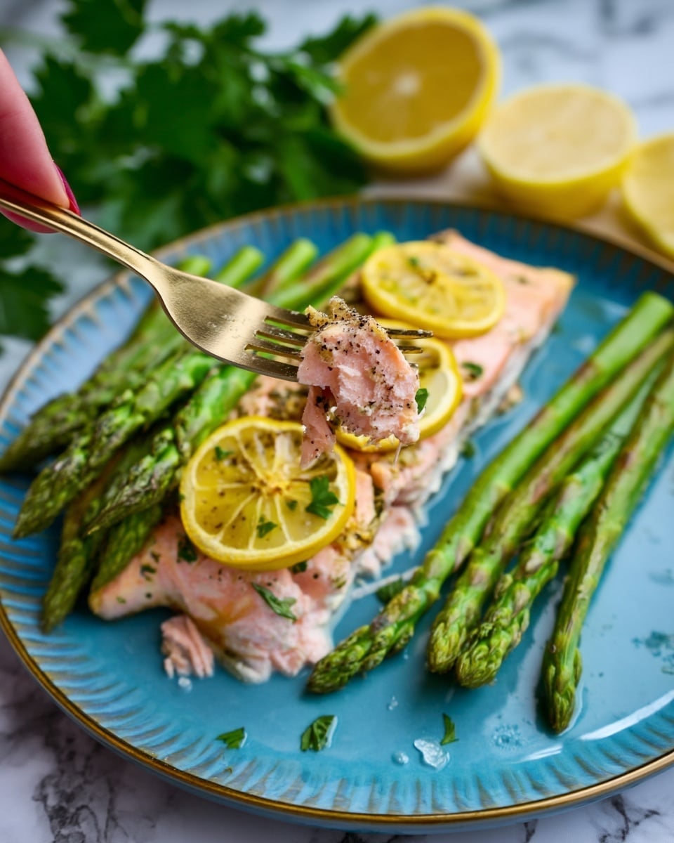 A close-up of a blue plate with a cooked salmon fillet topped with thin yellow lemon slices and sprinkled with herbs and black pepper. Next to the salmon are several green asparagus spears. A gold fork is lifting a piece of flaky pink salmon, showing its soft texture with herbs on top. The plate sits on a white marbled surface with a lemon half and green parsley leaves around. Photo taken with an iphone --ar 4:5 --v 7