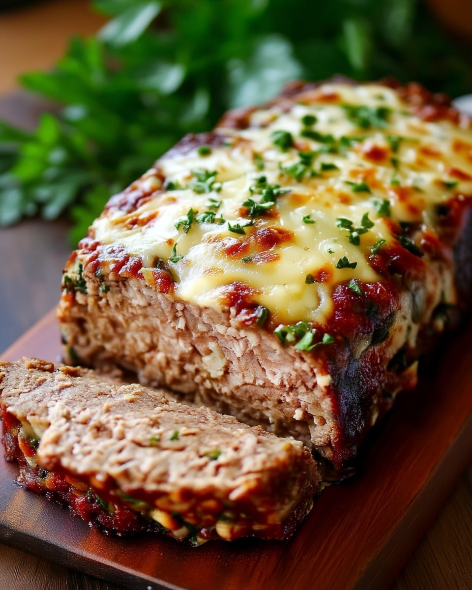 A close-up view of a sliced meatloaf placed on a wooden board, showing a thick layer of melted golden brown cheese on top with small chopped green herbs sprinkled over it. The meatloaf has a moist, textured inside with visible bits of seasoning, and a darker, slightly crispy crust around the edges. One slice is cut and laid in front, revealing the uniform inside texture and small green herb bits within. The background is softly blurred with a hint of green leaves. Photo taken with an iphone --ar 4:5 --v 7