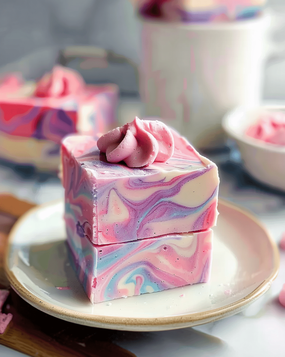 The image shows a stack of two square pieces of fudge with smooth, marbled layers in soft pastel colors of pink, purple, blue, and white swirling across each piece. The top piece has a small dollop of pink frosting with a light, fluffy texture sitting at the center. The fudge is placed on a white plate, resting on a white marbled surface, and the background is softly blurred, hinting at more pieces of similarly colored fudge and a white bowl. Photo taken with an iphone --ar 4:5 --v 7