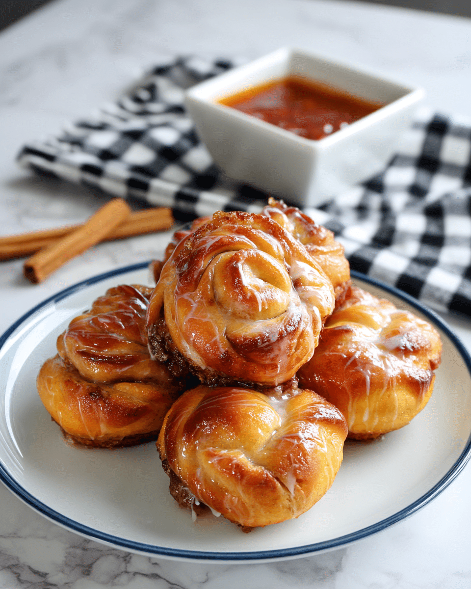 A pile of golden-brown cinnamon rolls with a glossy glaze on top sits on a white plate with a blue rim. Each roll has about three to four visible spiral layers, showing a soft, doughy texture with a swirl of cinnamon filling that appears darker brown inside. The glaze adds a shiny, slightly translucent white layer draped unevenly over the top and sides. In the background, a white square dish holds a reddish sauce, and two cinnamon sticks rest next to it on a folded black and white checkered cloth. The whole setup is placed on a white marbled surface. photo taken with an iphone --ar 4:5 --v 7