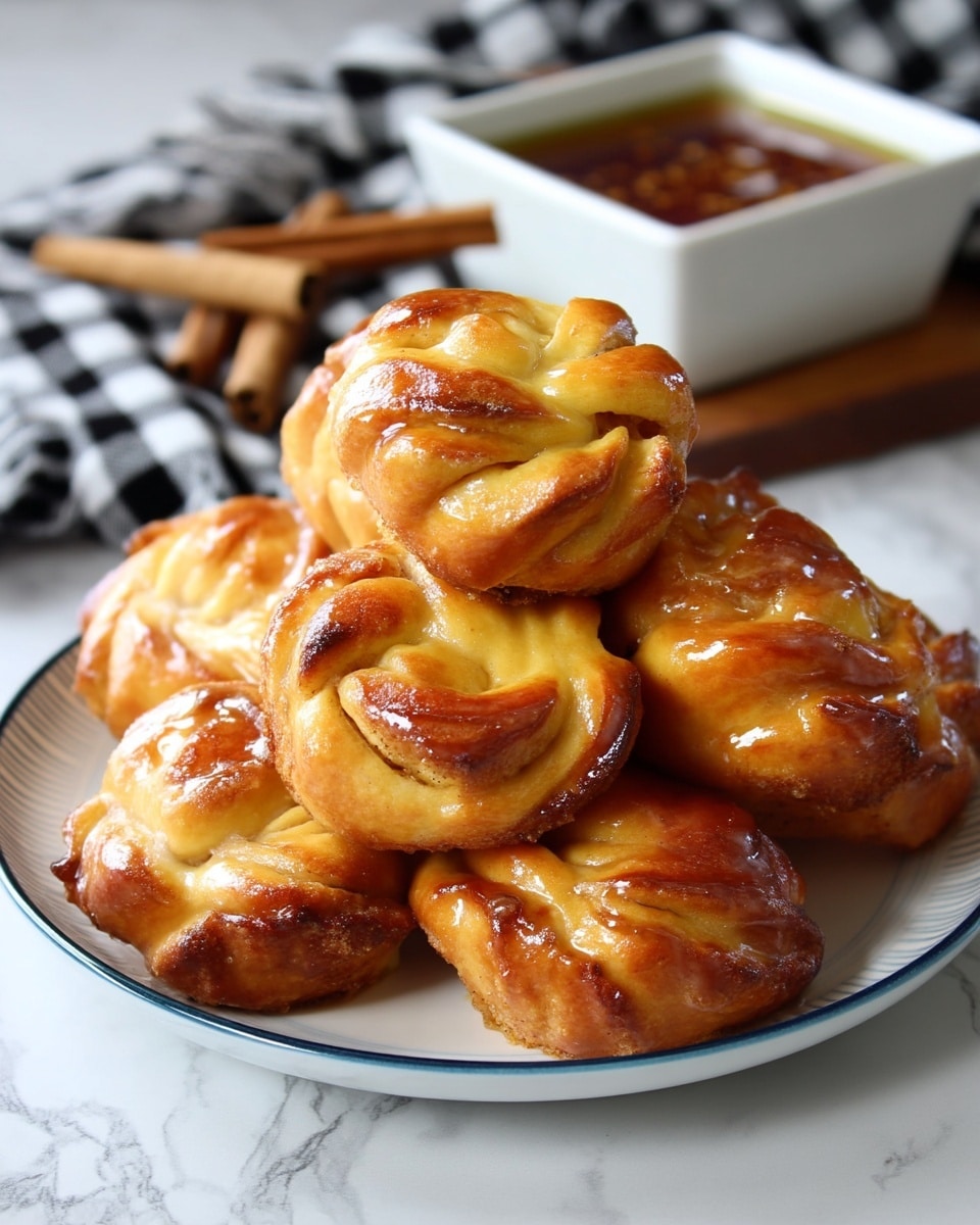 A stack of golden brown cinnamon rolls with a shiny glaze, each roll showing multiple layers of soft, twisted dough in shades of light yellow to deep caramel, sitting closely together on a white plate with a blue inside rim. In the background on a white marbled texture surface, a white square dish with dark reddish-brown sauce and two cinnamon sticks lie next to a black and white checkered cloth. The cinnamon rolls have a glossy, slightly sticky finish making the layers stand out richly. Photo taken with an iphone --ar 4:5 --v 7