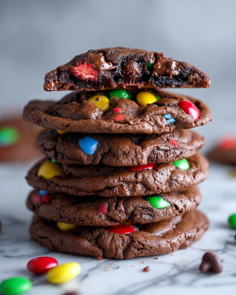 A stack of six thick chocolate cookies sits on a white marbled surface, each cookie studded with colorful candy pieces in red, green, yellow, and blue. The top cookie is broken in half, showing a texture that is soft and gooey with melted chocolate chunks and candy inside, revealing a dark brown, moist interior. The cookies have a rich, cracked surface and slightly rough edges. Scattered around the base of the stack are some loose candies and chocolate chips. The background is blurred out softly with light, giving focus to the cookie stack. Photo taken with an iphone --ar 4:5 --v 7