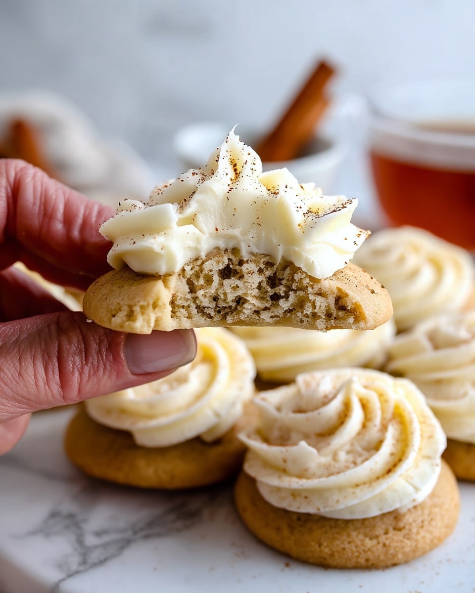 A close-up view of a bitten cookie held by a woman's hand, showing a soft, light brown cookie base with a crumbly texture. On top of the cookie, there is a thick layer of creamy white frosting, swirled with soft peaks and lightly sprinkled with a fine dusting of brown spice. In the background, several whole cookies with the same thick white frosting swirls are stacked together, all on a white marbled surface. A blurred image of a cup and a drink with a cinnamon stick can be seen further behind. photo taken with an iphone --ar 4:5 --v 7