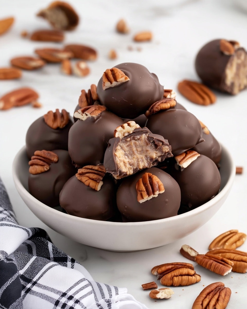 A white bowl is piled high with round chocolate-covered balls, each topped with a single pecan half. The outer layer is smooth, dark brown chocolate, covering a light beige, textured filling that is visible on one ball with a bite taken out. Around the bowl, several whole and broken pecan halves are scattered on a white marbled surface. A cloth with black and white check pattern is casually placed in the lower left corner. Photo taken with an iphone --ar 4:5 --v 7