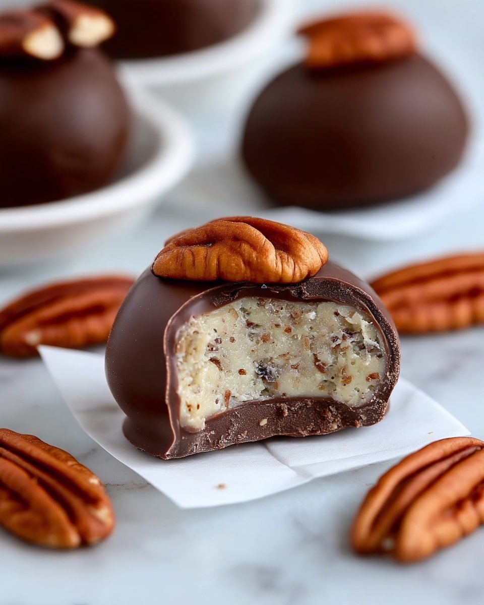 A close-up of a round chocolate-covered candy that is bitten to show its inside layers, sitting on a small white paper square on a white marbled surface. The candy has one outer dark brown smooth chocolate layer, inside of which there is a light beige, textured filling with small pieces of nuts visible throughout. On top of the candy, a halved pecan with a rich brown and cream color is placed. Around the candy, whole pecans with a shiny, rich brown color rest on the white marbled surface. The background is softly blurred, focusing attention on the candy in the center. Photo taken with an iphone --ar 4:5 --v 7