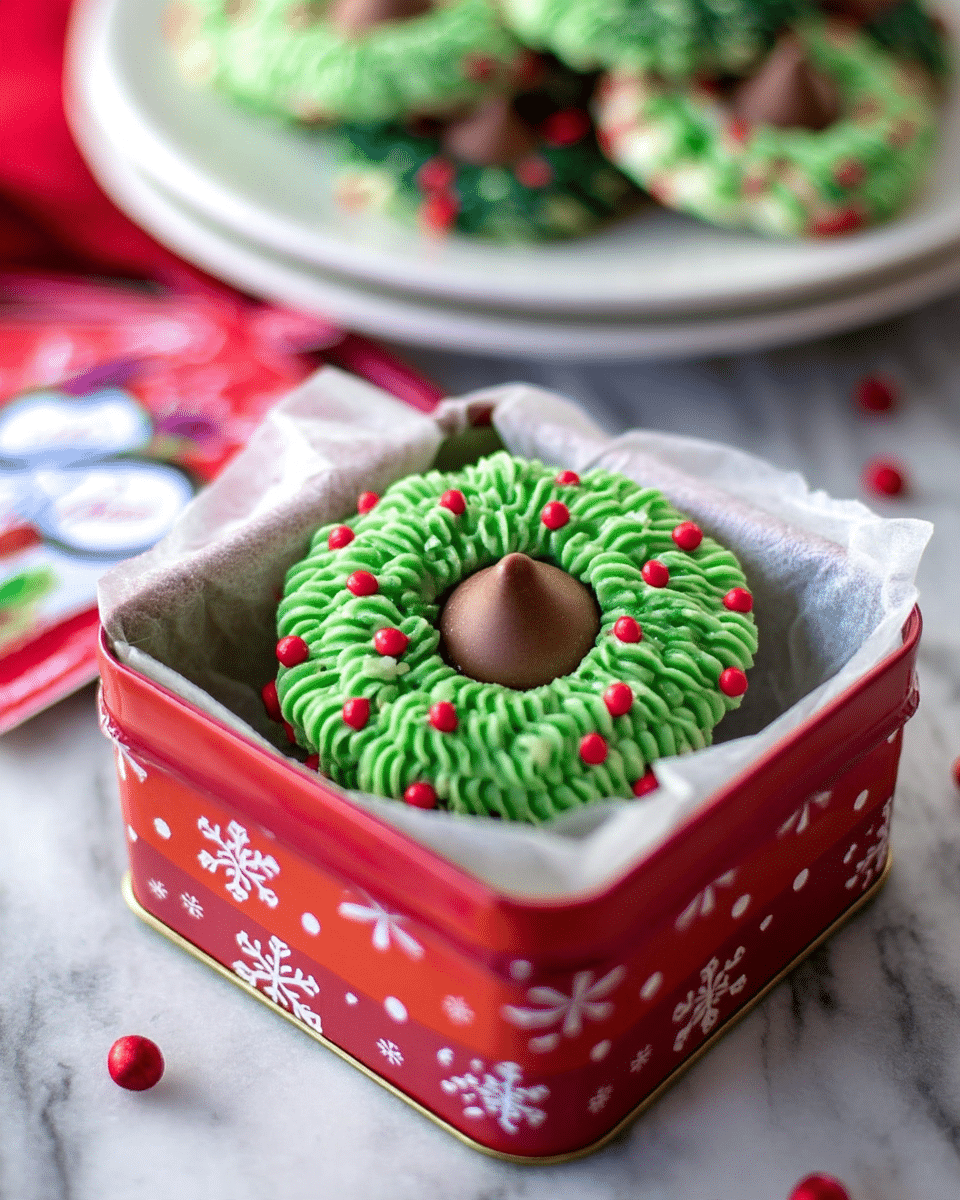 A single cookie shaped like a wreath with green, piped frosting forming the outer ring, accented with small red round sprinkles scattered evenly, and topped with a single brown chocolate kiss in the center, placed inside white parchment paper that lines a red square tin decorated with white snowflakes. In the background, there is a white plate stacked with more of the same wreath-shaped cookies, resting on a white marbled texture surface. The scene includes a blurred holiday card near the plate. photo taken with an iphone --ar 4:5 --v 7