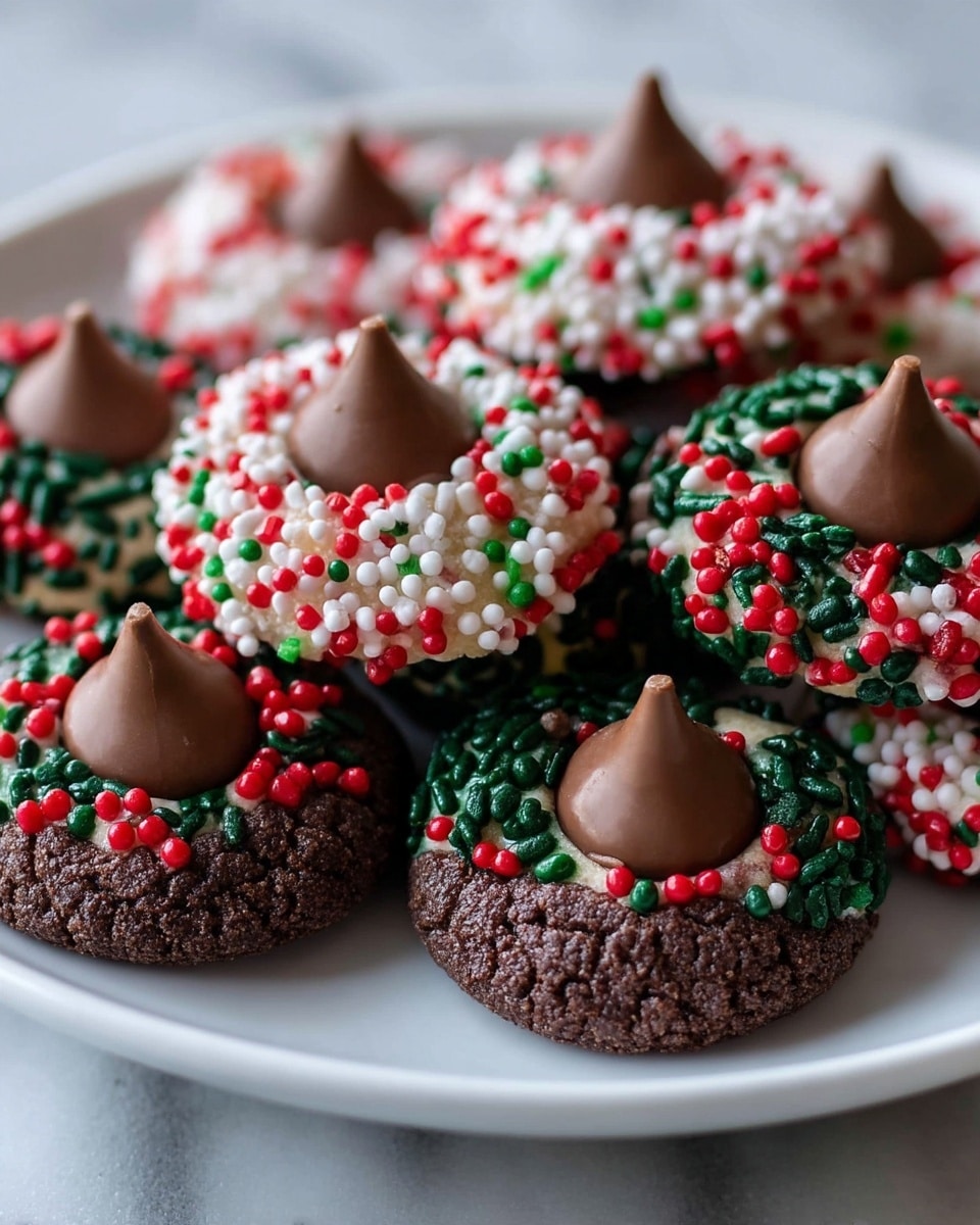 A close-up view of several thumbprint cookies arranged closely together on a white plate. Each cookie has a bottom layer of dark brown chocolate dough, topped with a ring of sugar sprinkles in two different patterns: one with green and red sprinkles, and the other with white, red, and green sprinkles. In the center of each cookie, there is a single milk chocolate kiss pressing down, standing upright. The cookies have a slightly rough texture on the dough and a glossy look on the chocolate kisses, all set on a white marbled surface. Photo taken with an iphone --ar 4:5 --v 7