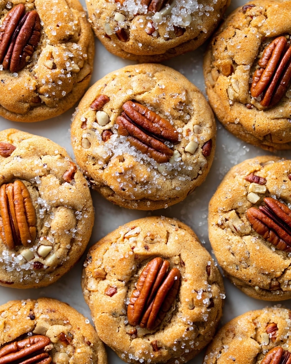 A close-up view of multiple golden-brown cookies stacked closely together on a white marbled surface. Each cookie has a slightly cracked texture with small bits of nuts embedded throughout, and a large, glossy pecan half centered on top. The cookies are sprinkled with coarse sugar crystals that add a sparkling effect, highlighting the rough, crumbly surface. The background and edges show the uneven, homemade look of these nutty cookies, creating a warm and inviting scene. photo taken with an iphone --ar 4:5 --v 7