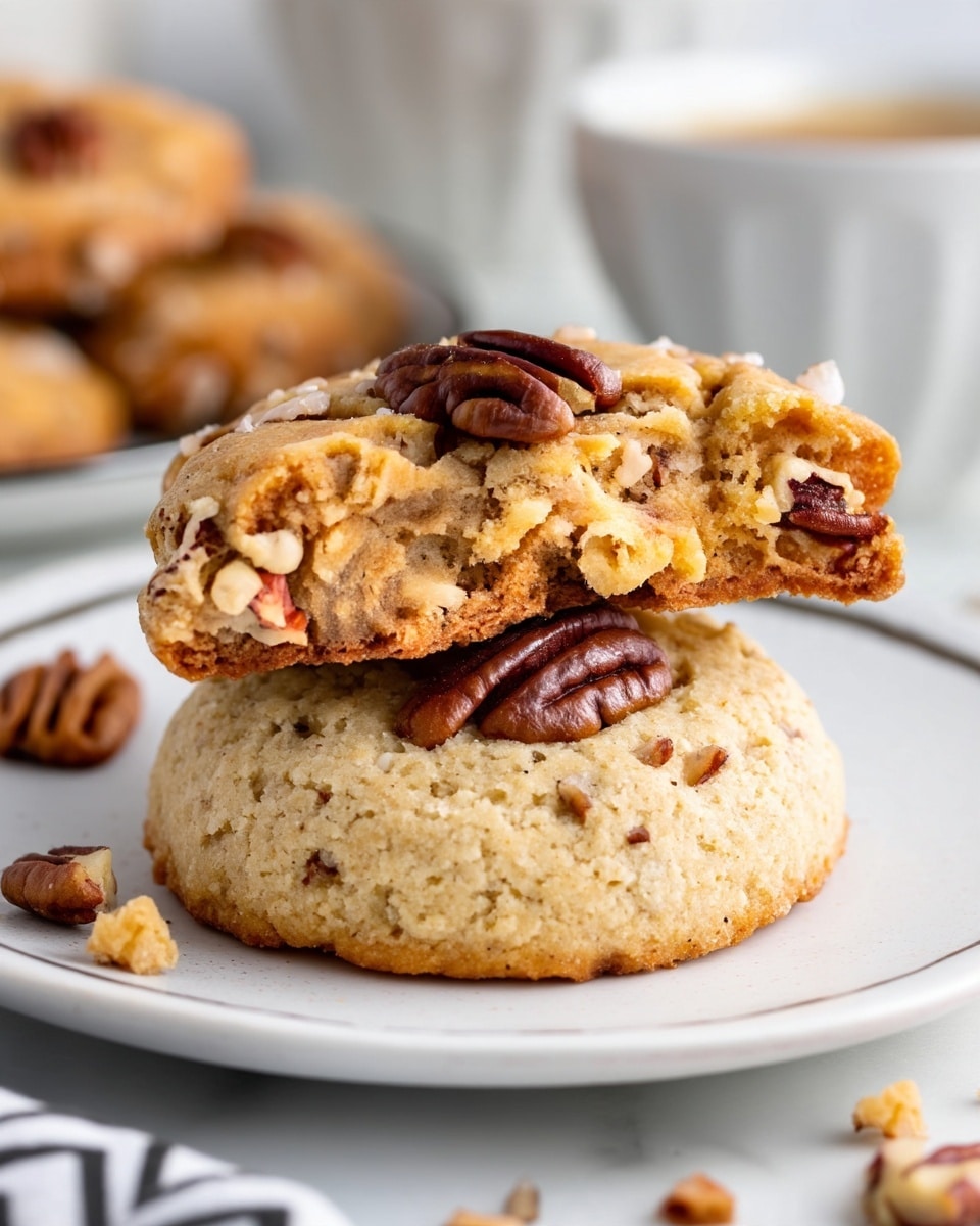 Two thick, soft cookies stacked on a white plate, each cookie showing a light golden-brown color with a slightly crumbly texture. The top cookie has a large pecan half pressed into its center, while the inside of both cookies is filled with chopped pecan pieces, giving a nutty, uneven texture with bits of creamy dough visible. A few pecan pieces are scattered near the plate's edge. The background shows blurred plates and bowls with more cookies and pecans on a white marbled surface. photo taken with an iphone --ar 4:5 --v 7
