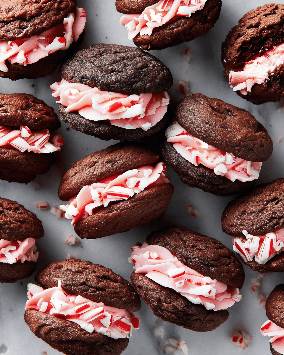 The image shows many chocolate sandwich cookies placed close to each other on a white marbled surface. Each cookie has two dark brown textured chocolate layers with a rough, slightly cracked surface. Between these layers is a thick layer of light pink frosting with a soft, creamy texture. On top of the frosting, there are small pieces of white and red crushed candy sprinkled over, adding a crunchy texture and bright color contrast. The cookies are arranged randomly, filling the frame. photo taken with an iphone --ar 4:5 --v 7