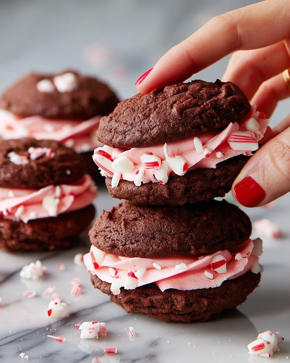 The image shows four chocolate sandwich cookies with three layers each: two dark brown, textured chocolate cookie layers with a middle layer of light pink frosting mixed with small white and red candy pieces. The frosting is thick and creamy, slightly swirled, and the candy pieces are unevenly scattered on top and around the frosting. One cookie is being picked up by a woman's hand with red nail polish, showing the top cookie slightly lifted from the frosting. The cookies are placed on a white marbled surface with a few candy pieces scattered around. photo taken with an iphone --ar 4:5 --v 7