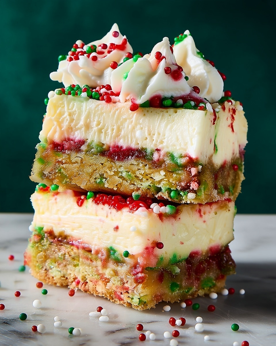 The image shows two square dessert bars stacked on top of each other, each with three layers: a bottom layer of moist, crumbly cake with green and red specks, a middle creamy pale-yellow cheesecake layer, and a thin, colorful layer where the cake and cheesecake meet with red, green, and white spots. The top dessert bar is decorated with three white whipped cream peaks scattered with red, green, and white round sprinkles. More small, round sprinkles in red, green, and white fall around and on the bars. The background is a dark green color, and the dessert rests on a surface with a white marbled texture. photo taken with an iphone --ar 4:5 --v 7