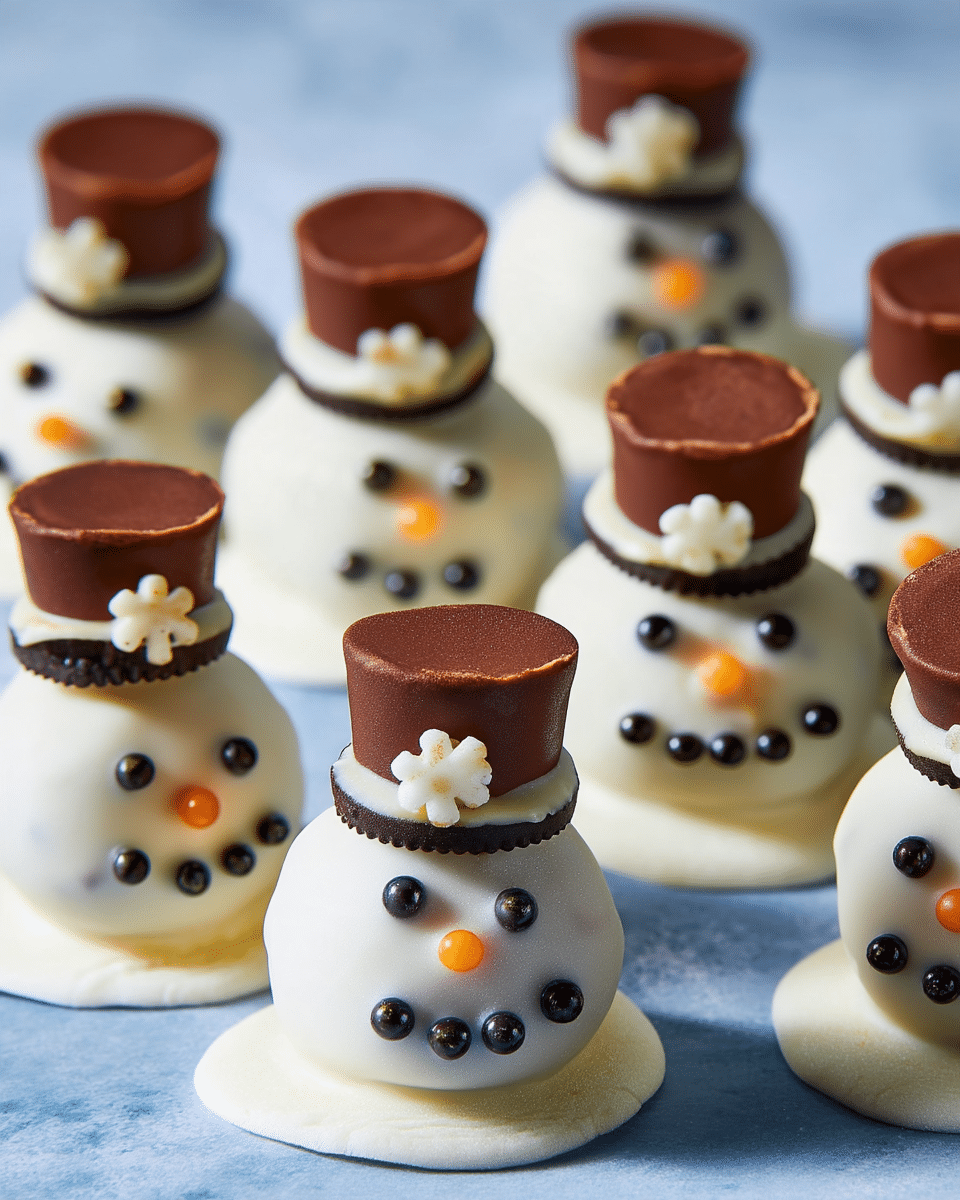 The image shows multiple small snowman-shaped treats arranged on a white marbled surface. Each snowman has two layers: the bottom body and a smaller round head, both covered in smooth white icing. The snowmen have small black candy pieces for eyes and smiles, and an orange candy carrot-shaped nose in the center. They wear a dark brown chocolate cylinder as a top hat, which sits on a thin dark cookie round with white icing underneath. A small white snowflake decoration is placed on the side of each hat. One snowman in the center bottom of the image is shown bitten, revealing a golden brown cookie inside with dark bits. The treats have a soft and smooth texture with fun, detailed features. Photo taken with an iphone --ar 4:5 --v 7