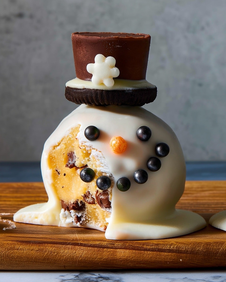The image shows a snowman-shaped dessert with three main layers. The bottom layer is a light brown cake with chocolate chips inside, visible because a part is bitten off. The middle layer is white icing that covers the cake and drips down onto the wooden board. On top of the icing, there are small black candy pieces forming the eyes and smile, and an orange candy piece for the nose. The top layer is a small chocolate hat made from a dark cookie base and a taller solid chocolate cylinder, with a small white icing flower on the side. The whole snowman dessert is placed on a wooden board with a plain gray background changed to a white marbled texture. Photo taken with an iphone --ar 4:5 --v 7