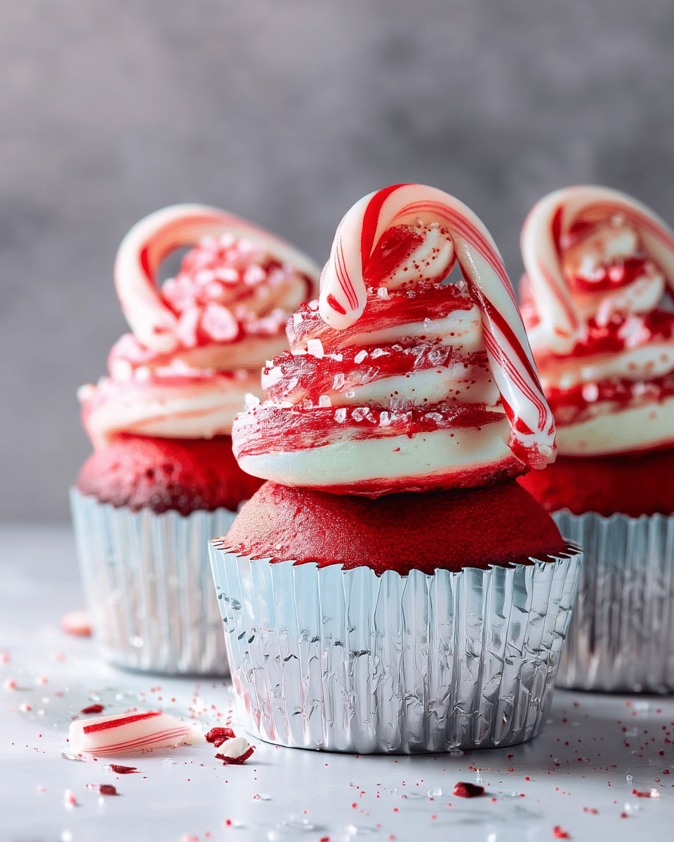 The image shows a close-up of three red velvet cupcakes in silver foil wrappers placed on a white marbled surface. Each cupcake has three layers of smooth white and red swirled frosting piled high and sprinkled with large clear sugar crystals and red sugar bits, giving a sparkly texture. On top of each frosting swirl, a small peppermint candy cane leans against the frosting, showing white with red stripes. The background is a soft gray color with a slightly textured look. Photo taken with an iphone --ar 4:5 --v 7