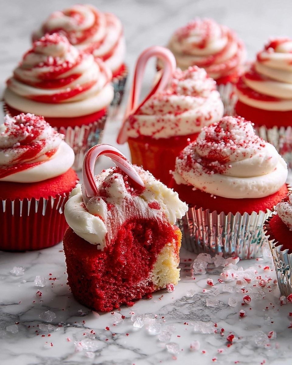 The image shows several red and white cupcakes arranged on a white marbled surface. Each cupcake has a bright red base with a silver foil wrapper and is topped with swirled white and red frosting, which has a smooth and creamy texture. The frosting is decorated with red sprinkles and finished with a small candy cane placed on top, adding a festive touch. One cupcake is cut in half, showing a red and white marbled cake inside, while sugar crystals are scattered around the cupcakes, enhancing the festive look. Photo taken with an iphone --ar 4:5 --v 7